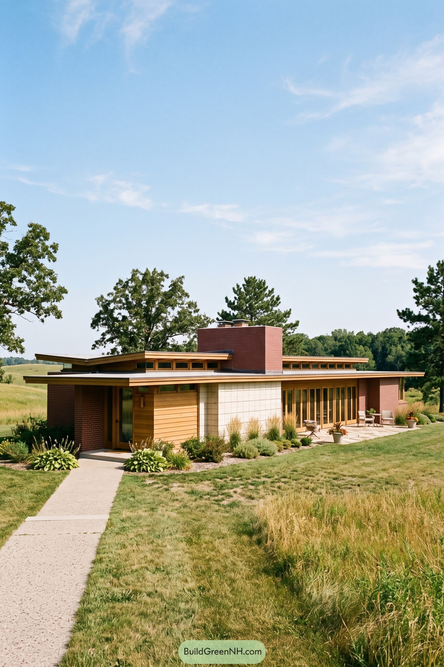 Low slung brick and wood Usonian house beside a meadow