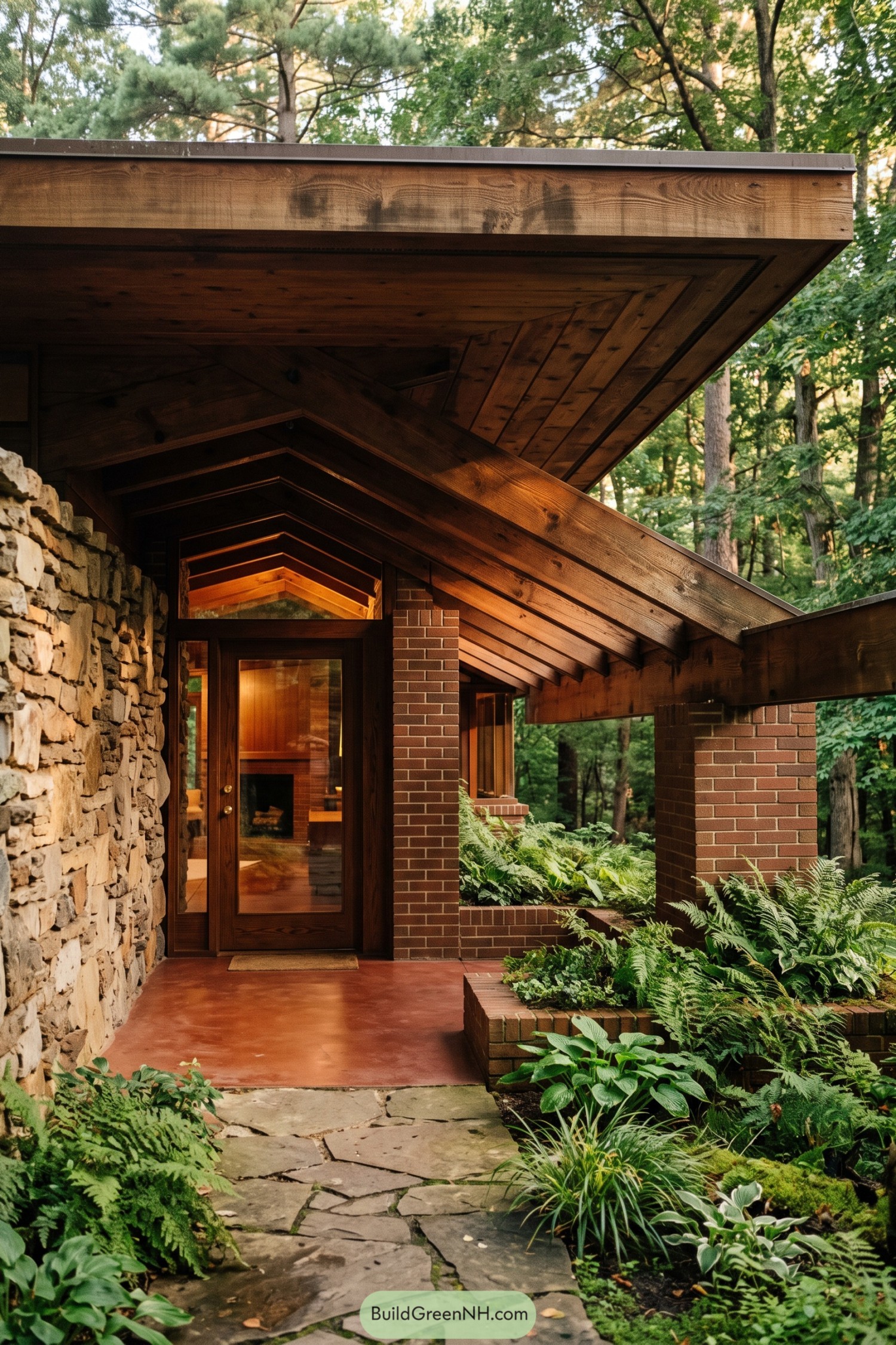 Wood and brick entry beneath broad eaves