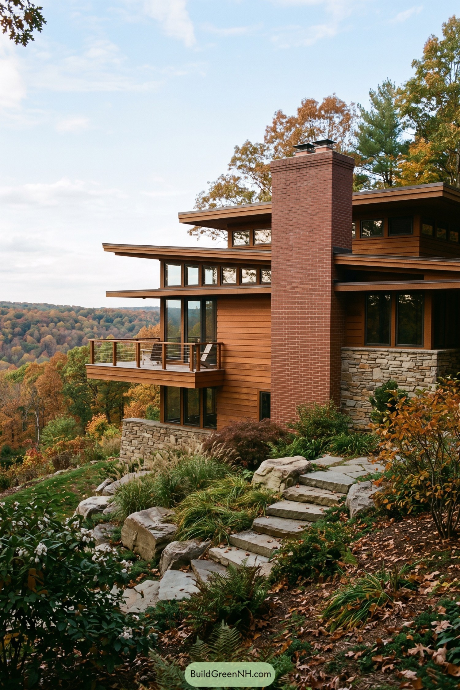 Multi-level Usonian home with brick chimney above autumn woods