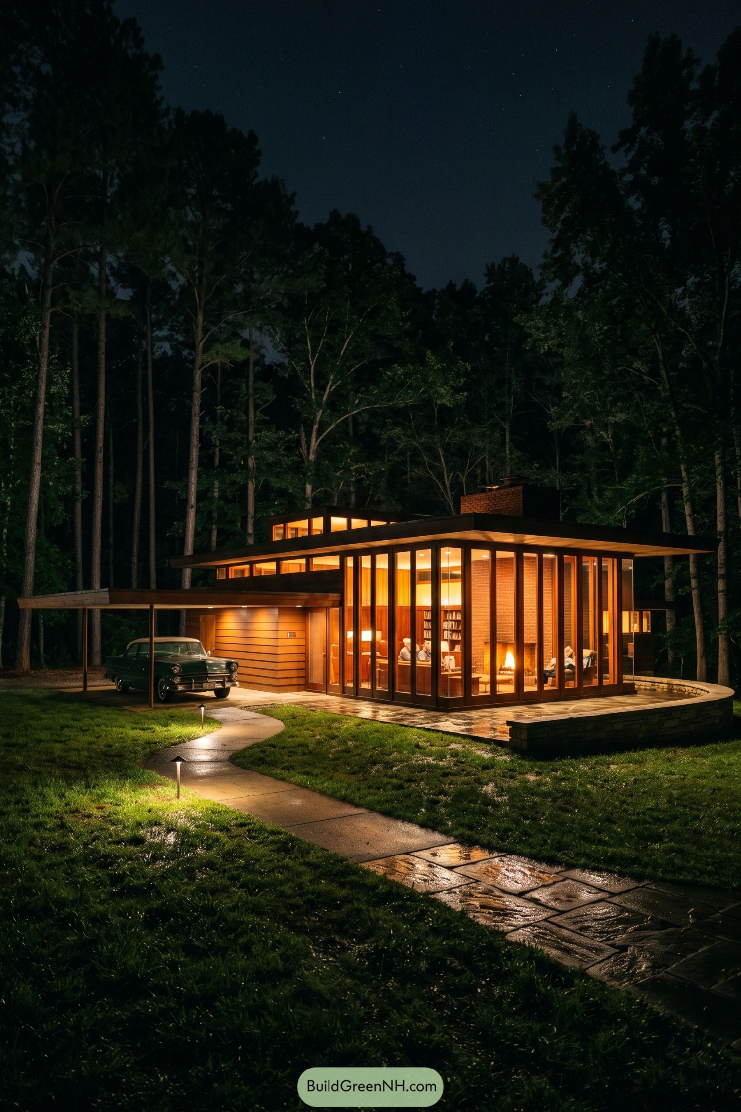 Usonian house with glass walls and carport at night
