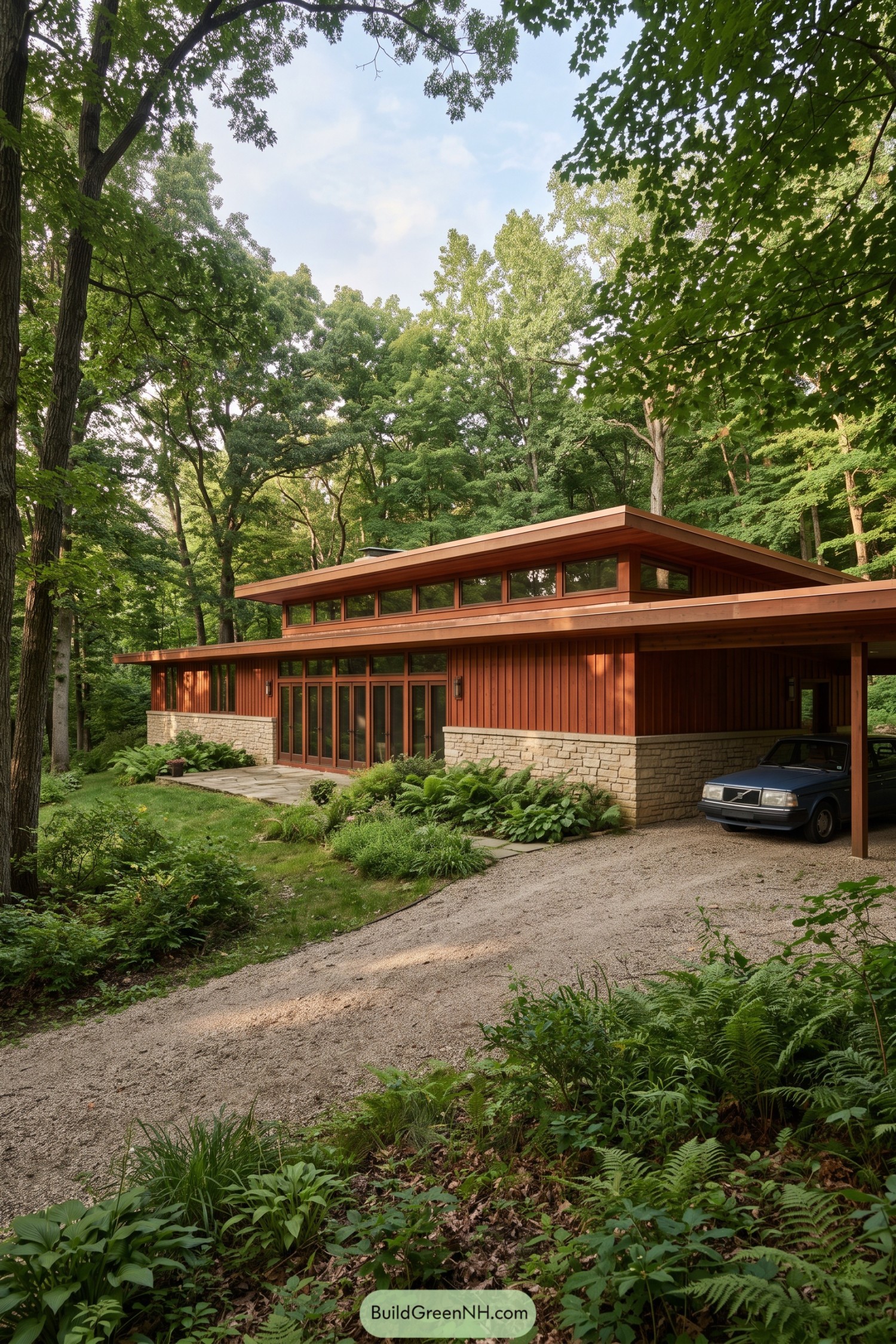 Wood-clad Usonian home with stone base and carport in a leafy forest