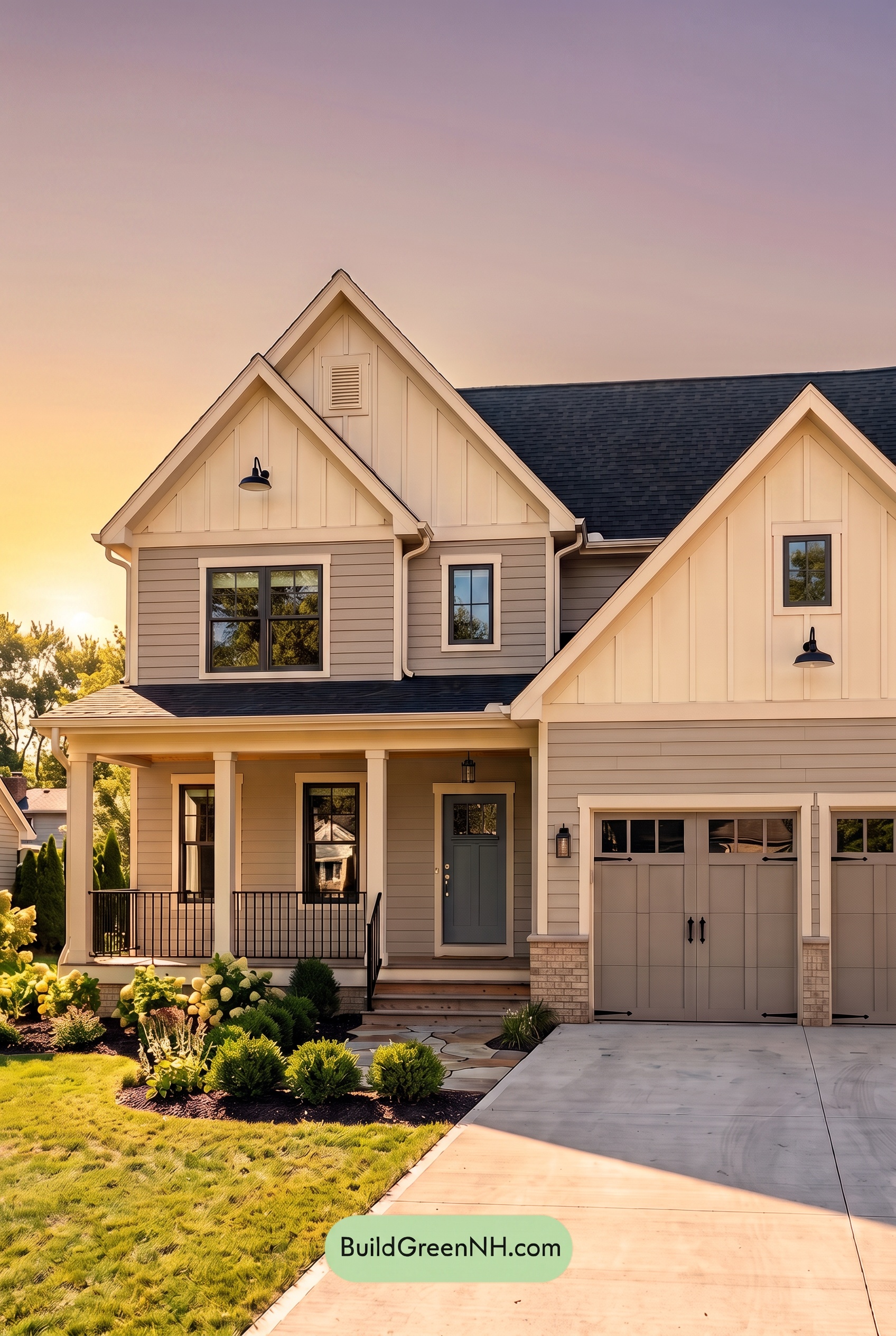 Warm Gray and Cream Farmhouse Exterior Color Scheme: Ashen Linen Welcome - Golden Hour