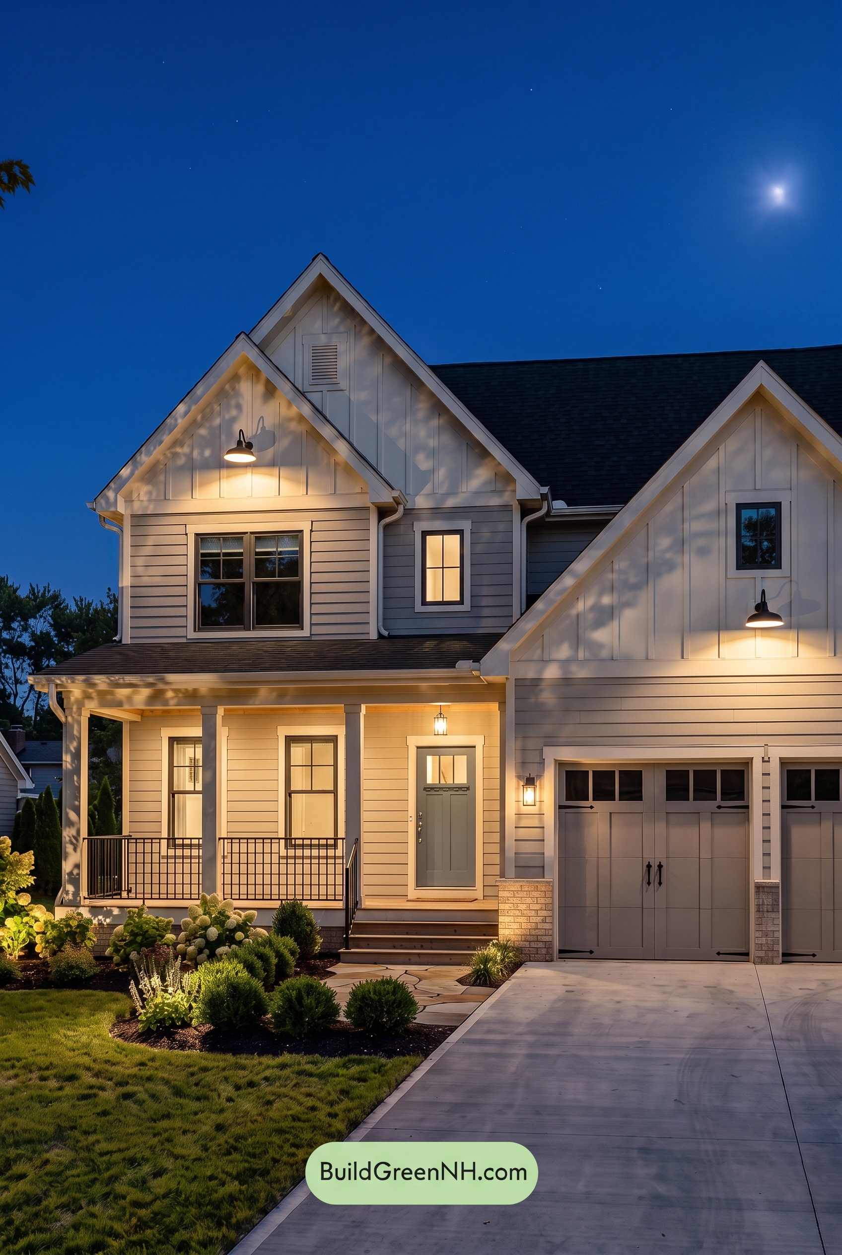 Warm Gray and Cream Farmhouse Exterior Color Scheme: Ashen Linen Welcome - Nighttime