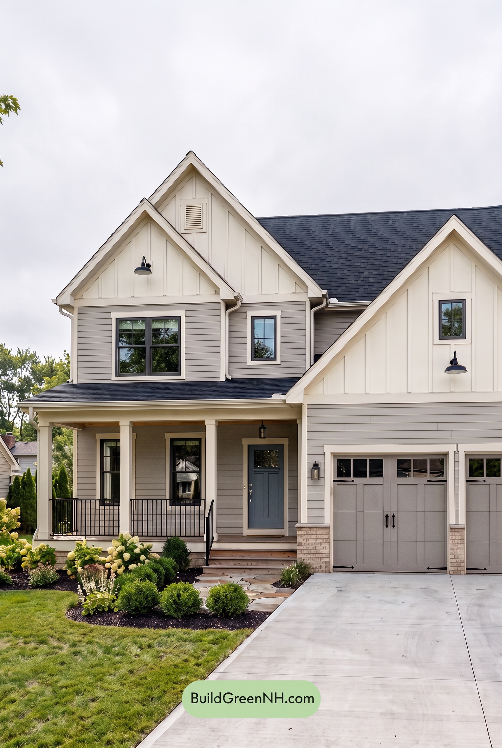 Warm Gray and Cream Farmhouse Exterior Color Scheme: Ashen Linen Welcome - Overcast