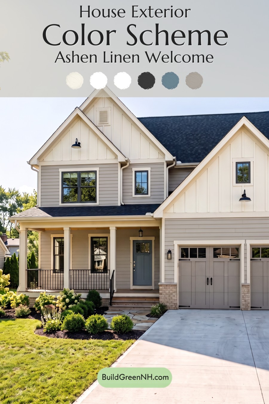Warm Gray and Cream Farmhouse Exterior Color Scheme: Ashen Linen Welcome