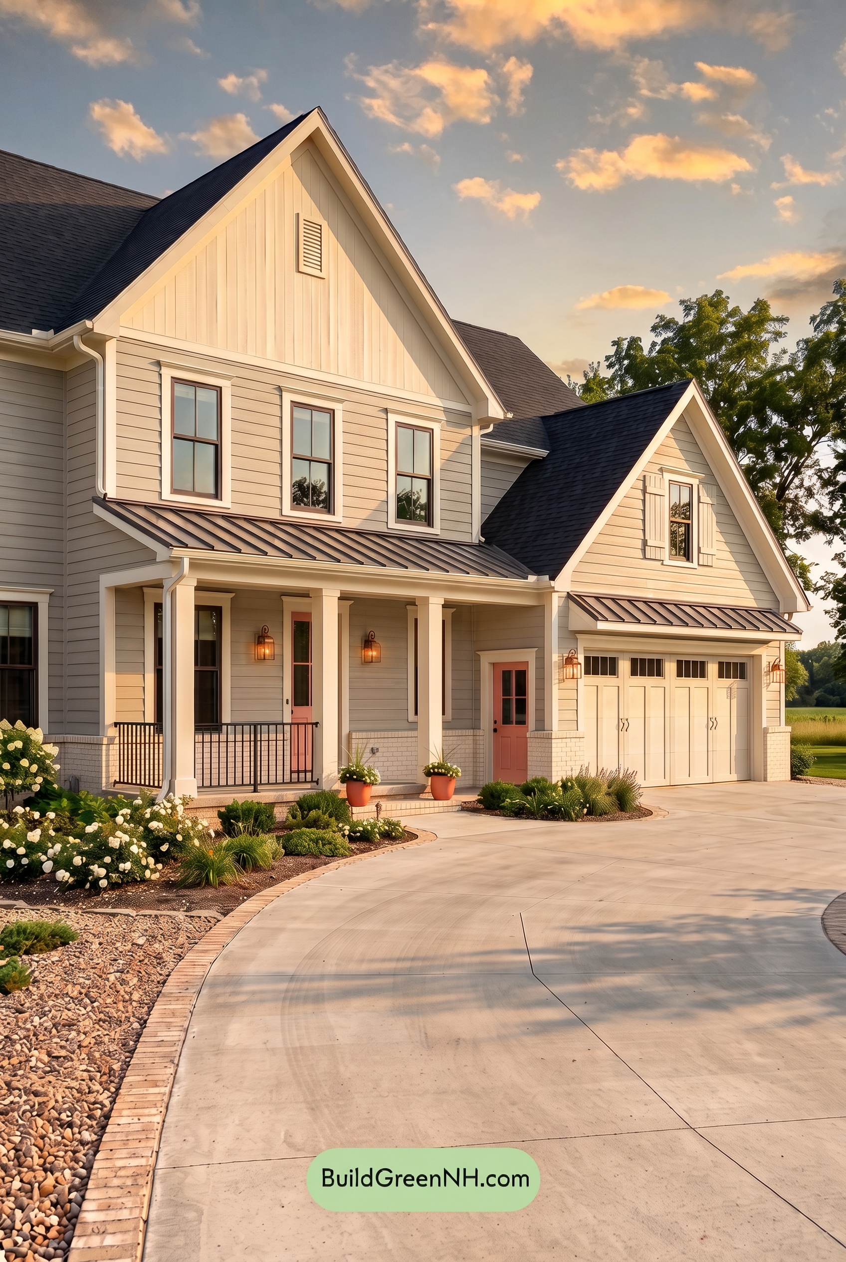 Warm Gray and Cream Farmhouse Exterior Color Scheme: Coral Entry Quiet - Golden Hour