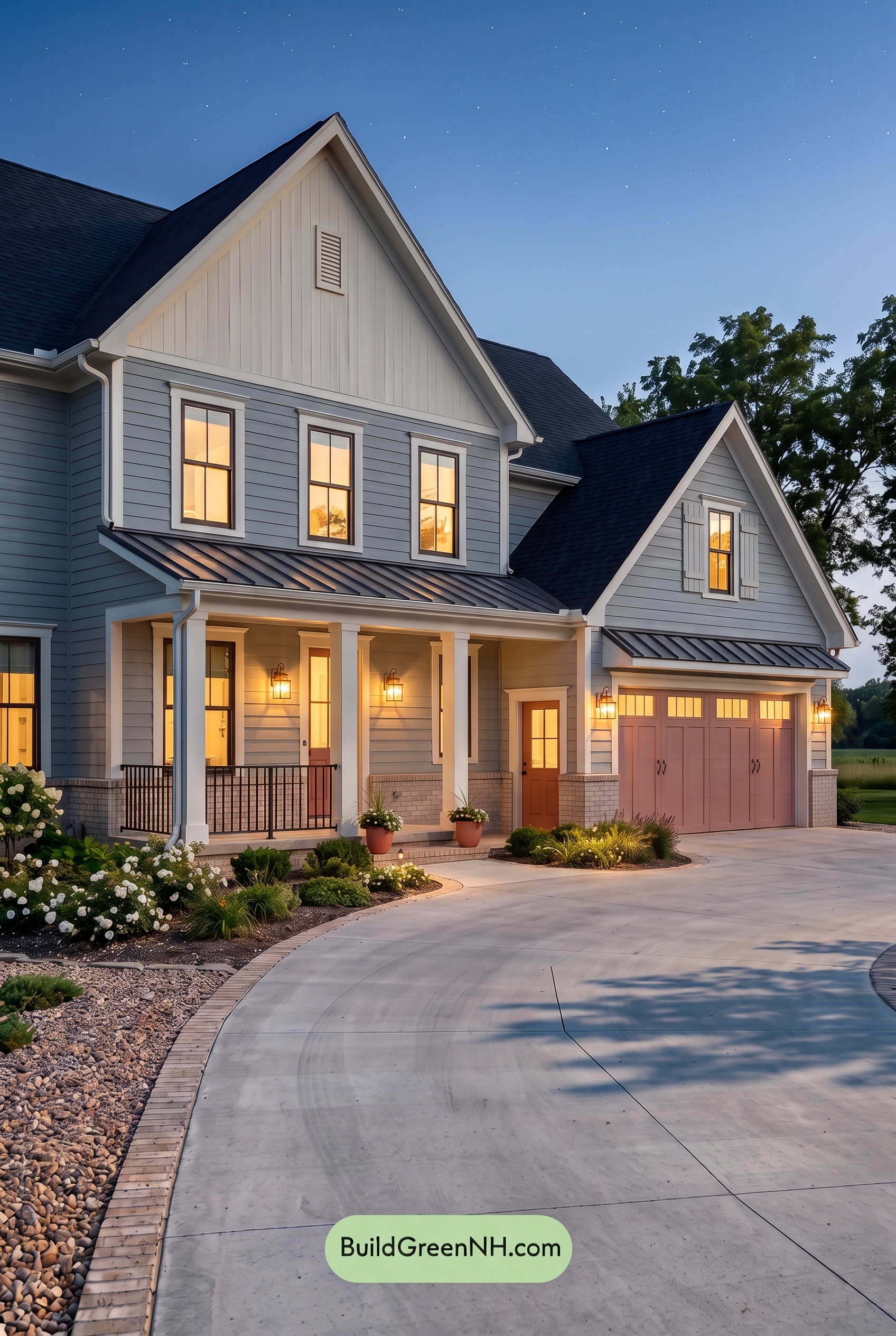 Warm Gray and Cream Farmhouse Exterior Color Scheme: Coral Entry Quiet - Nighttime
