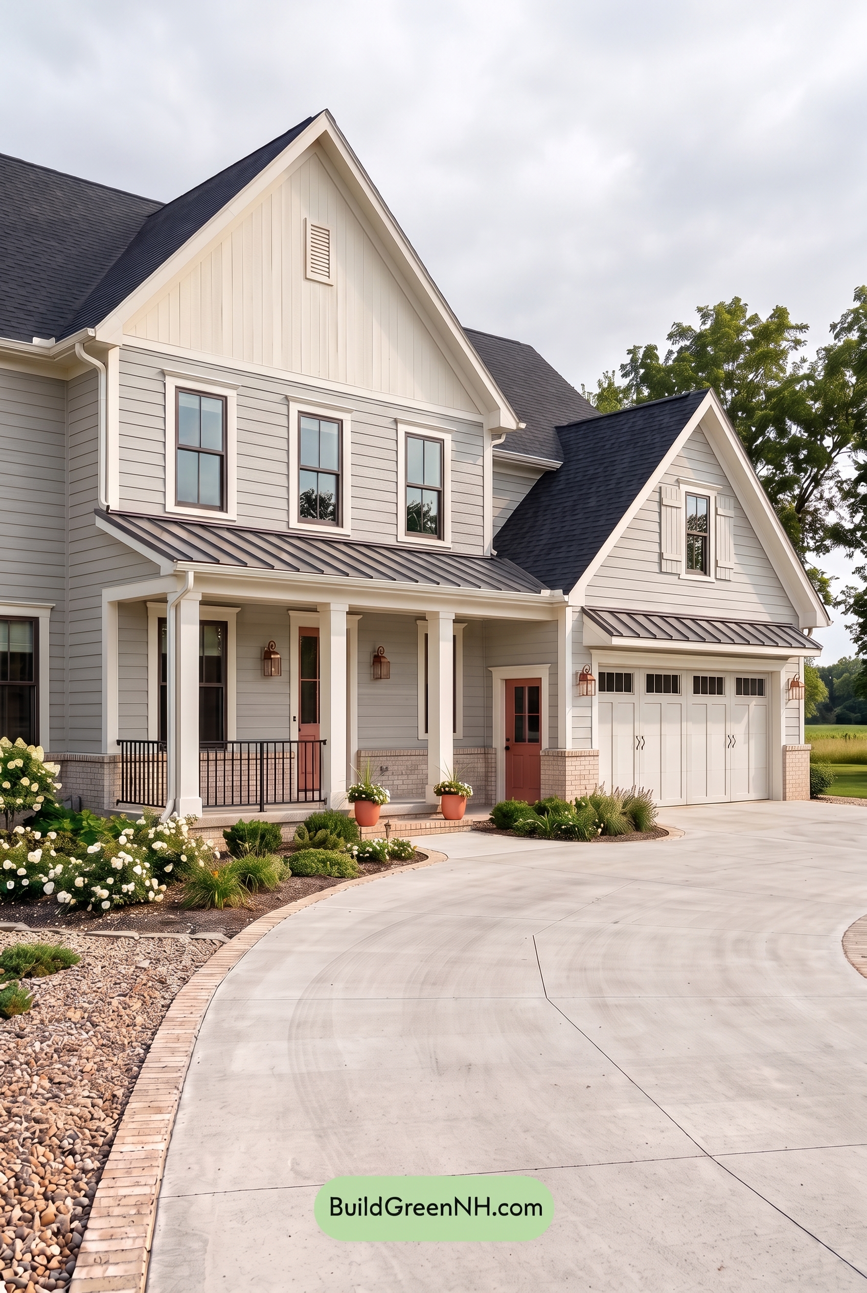 Warm Gray and Cream Farmhouse Exterior Color Scheme: Coral Entry Quiet - Overcast