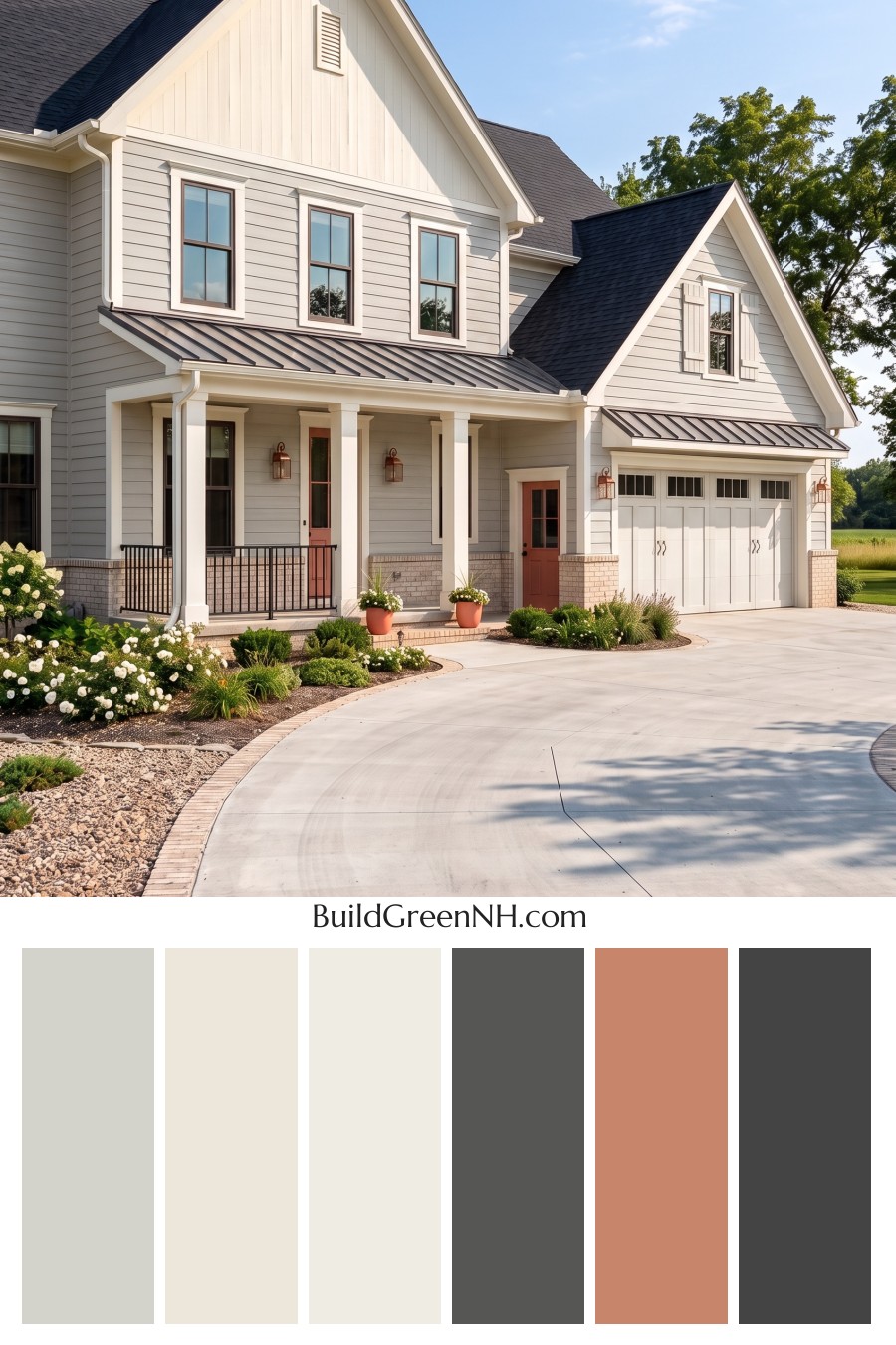 Warm Gray and Cream Farmhouse Exterior Color Scheme: Coral Entry Quiet