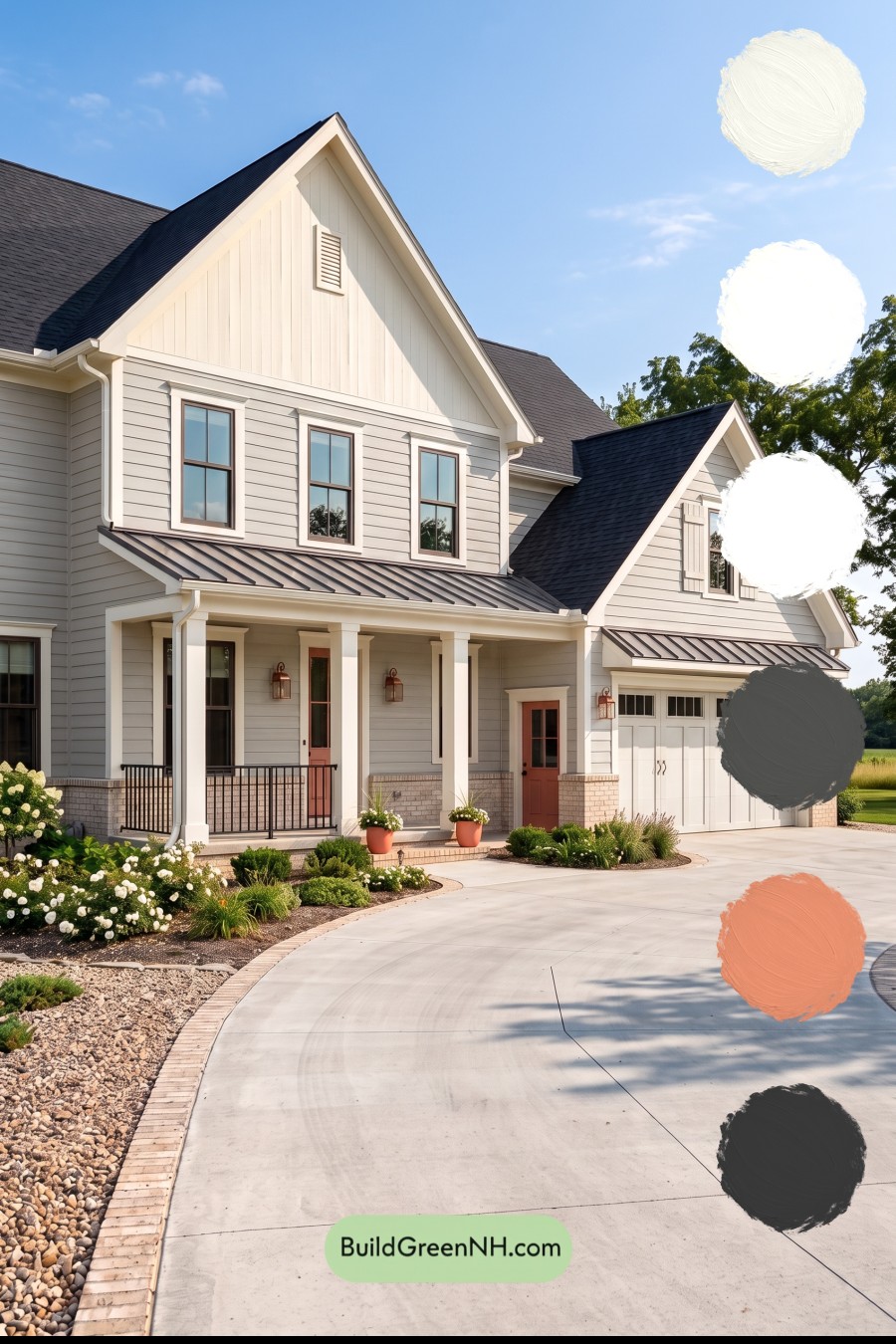 Warm Gray and Cream Farmhouse Exterior Color Scheme: Coral Entry Quiet