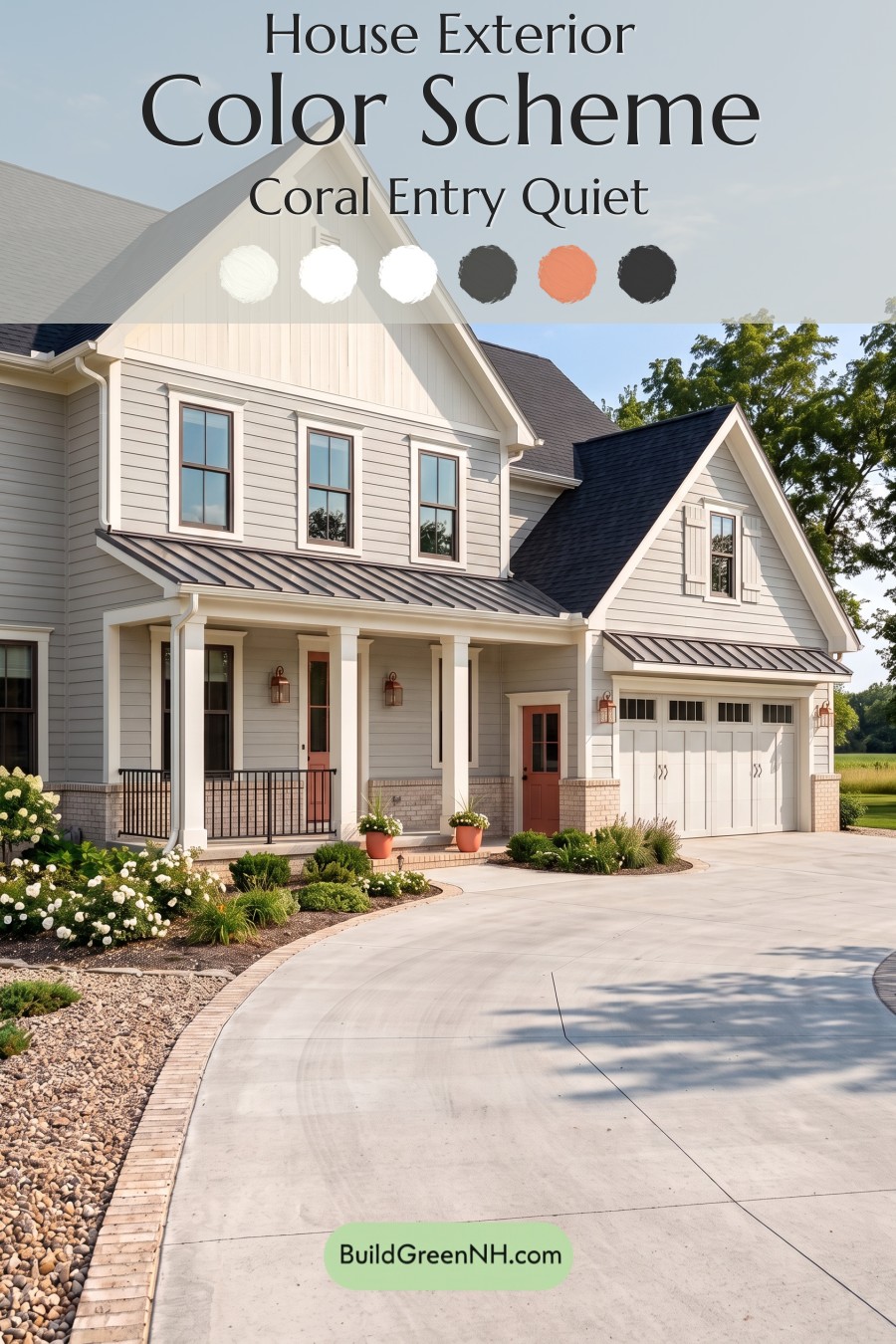 Warm Gray and Cream Farmhouse Exterior Color Scheme: Coral Entry Quiet