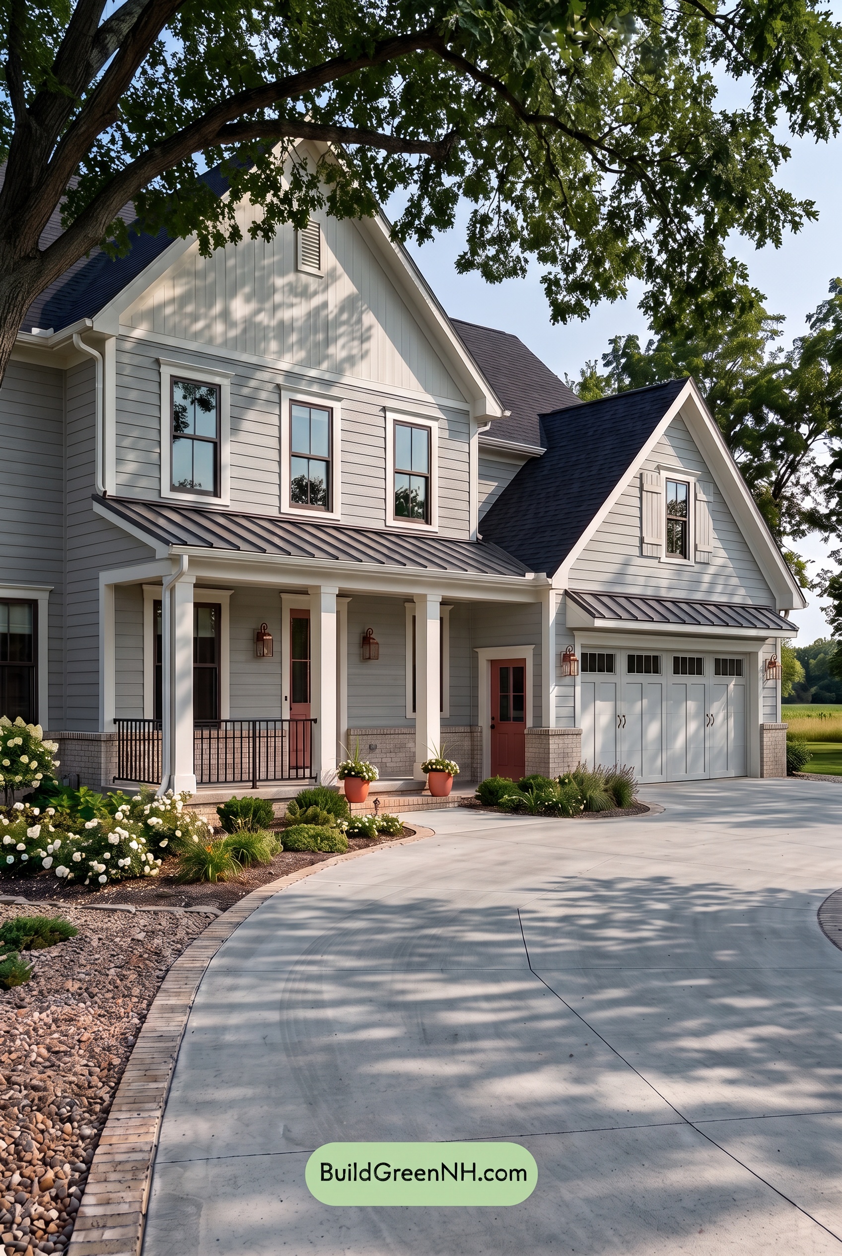 Warm Gray and Cream Farmhouse Exterior Color Scheme: Coral Entry Quiet - Shade