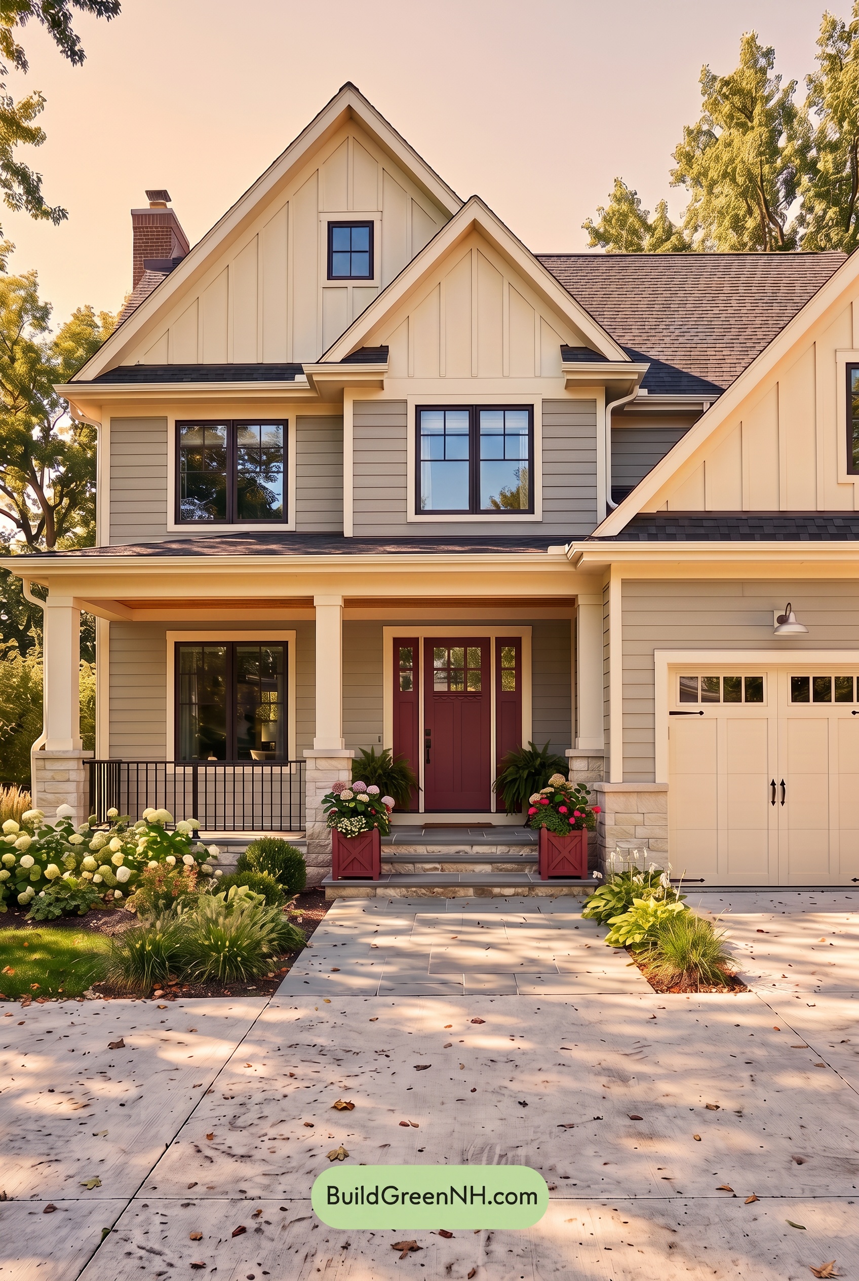 Warm Gray and Cream Farmhouse Exterior Color Scheme: Cranberry Gable - Golden Hour