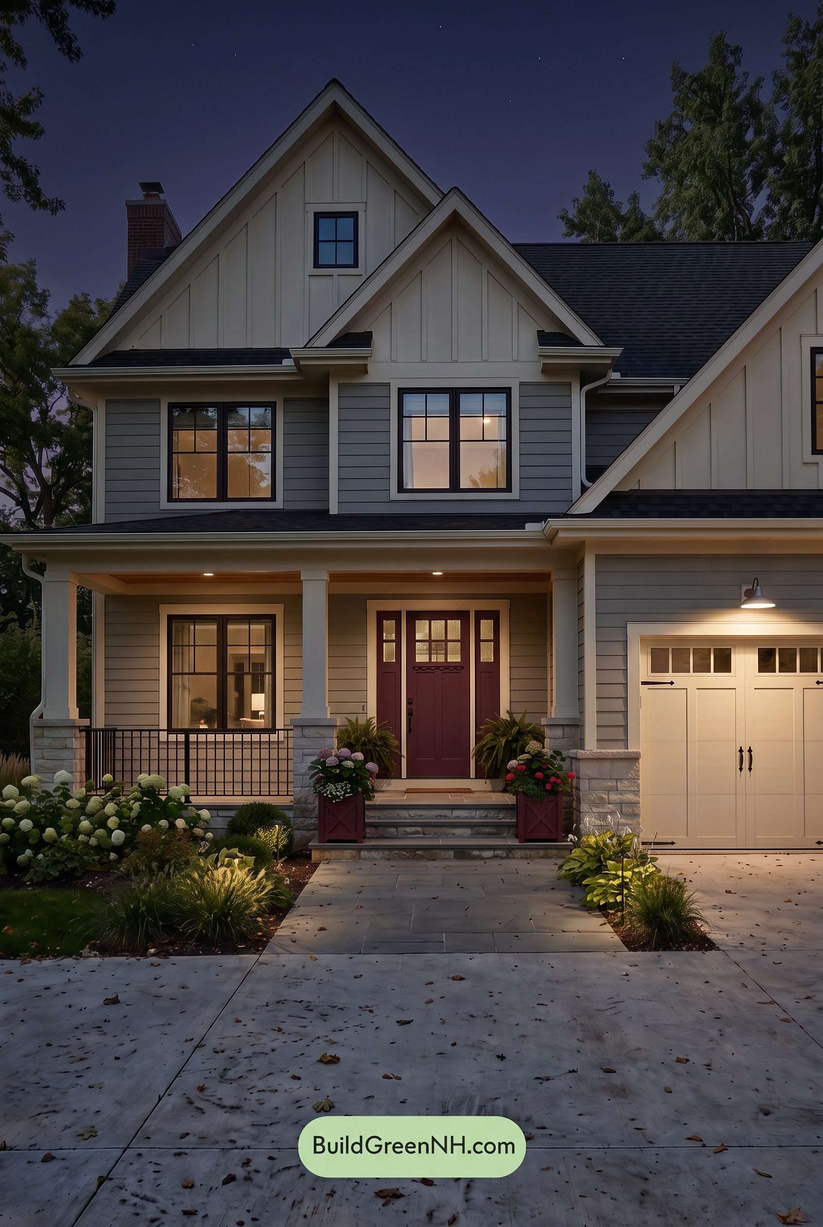Warm Gray and Cream Farmhouse Exterior Color Scheme: Cranberry Gable - Nighttime