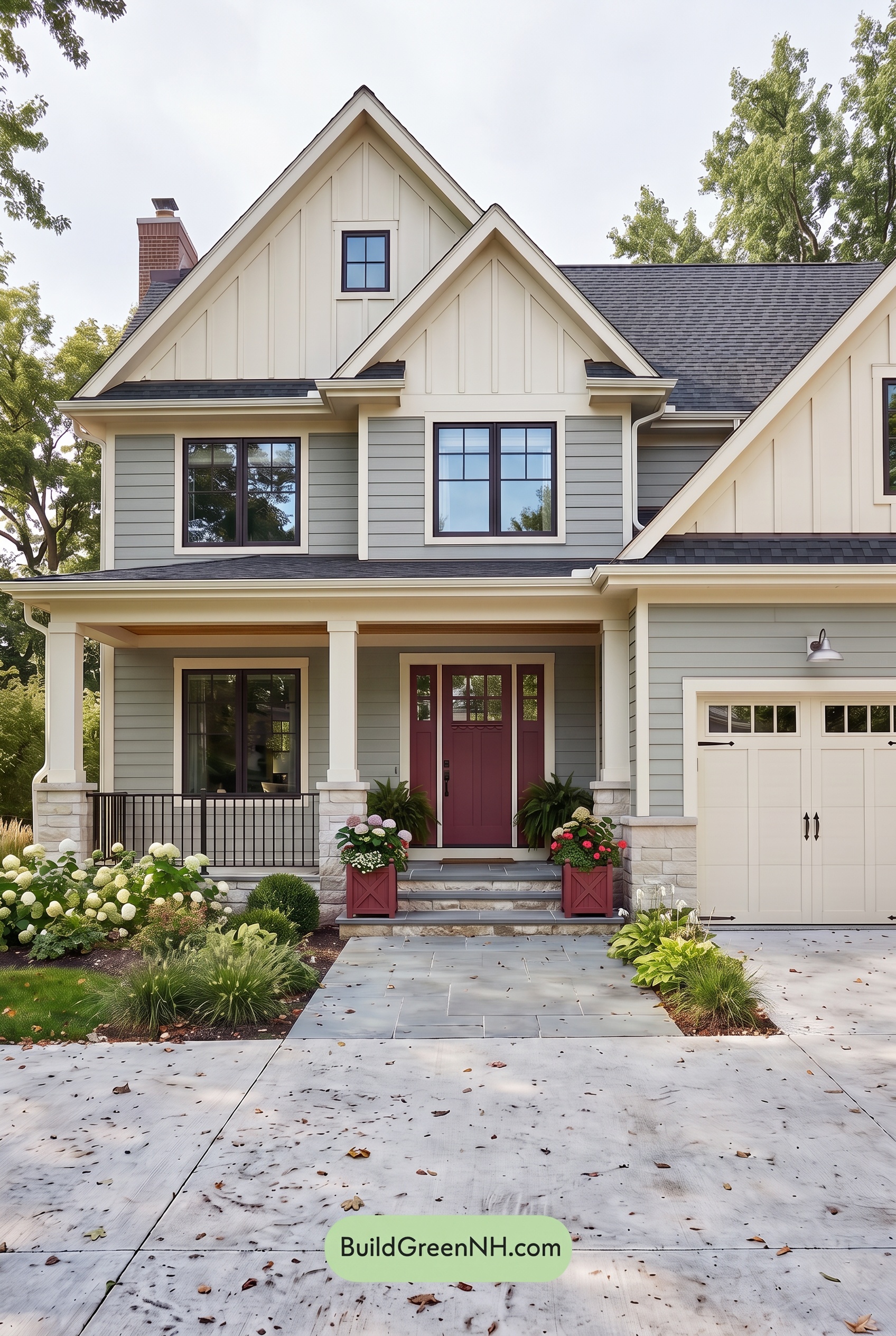 Warm Gray and Cream Farmhouse Exterior Color Scheme: Cranberry Gable - Overcast