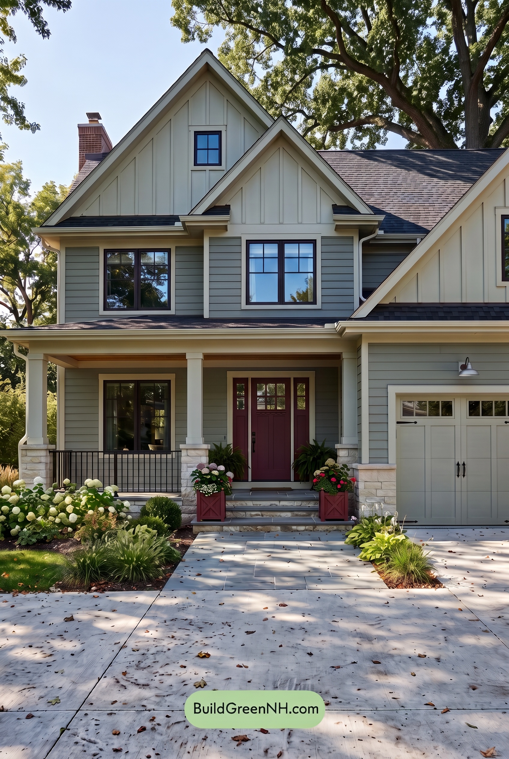 Warm Gray and Cream Farmhouse Exterior Color Scheme: Cranberry Gable - Shade