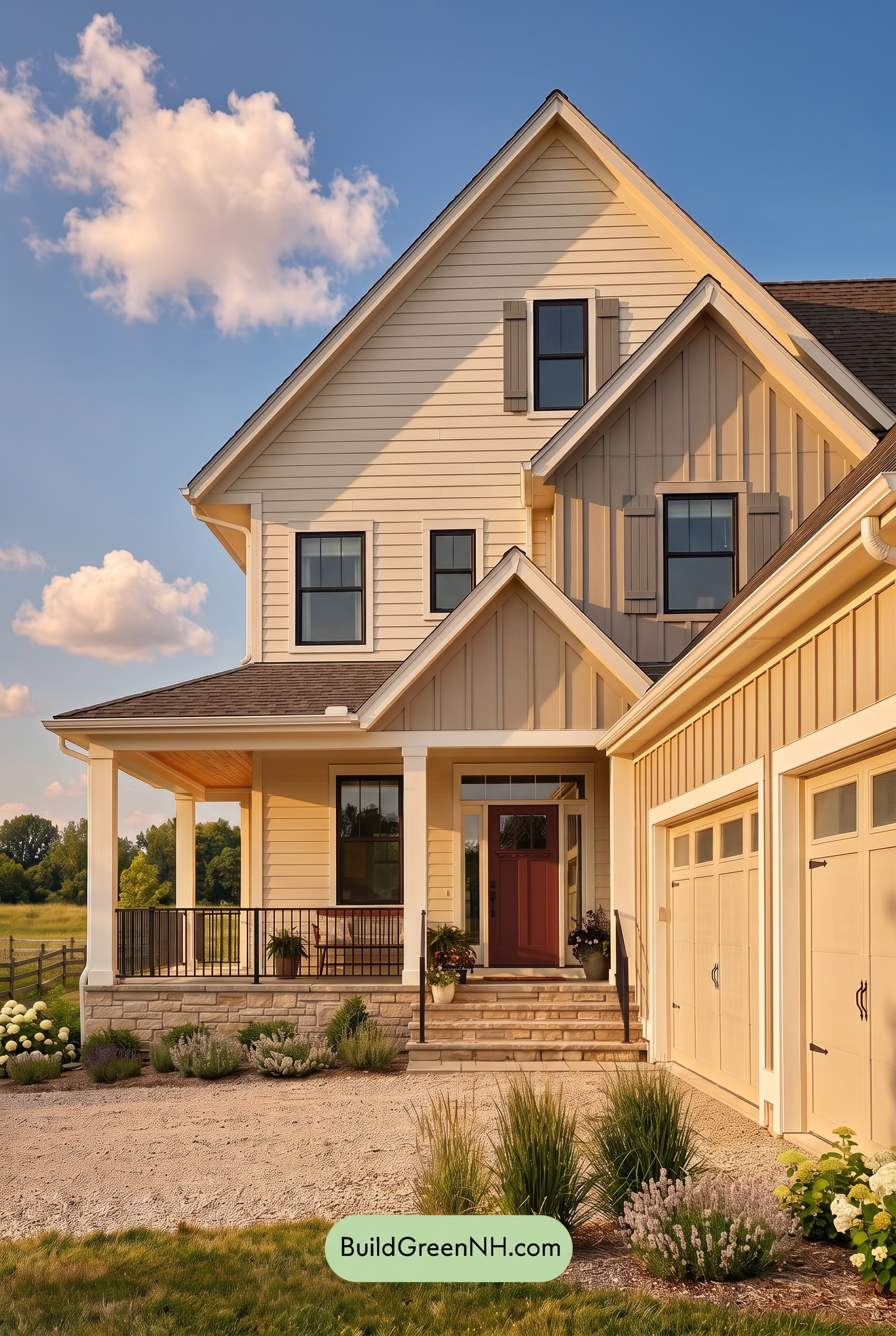 Warm Gray and Cream Farmhouse Exterior Color Scheme: Creamstone Current - Golden Hour