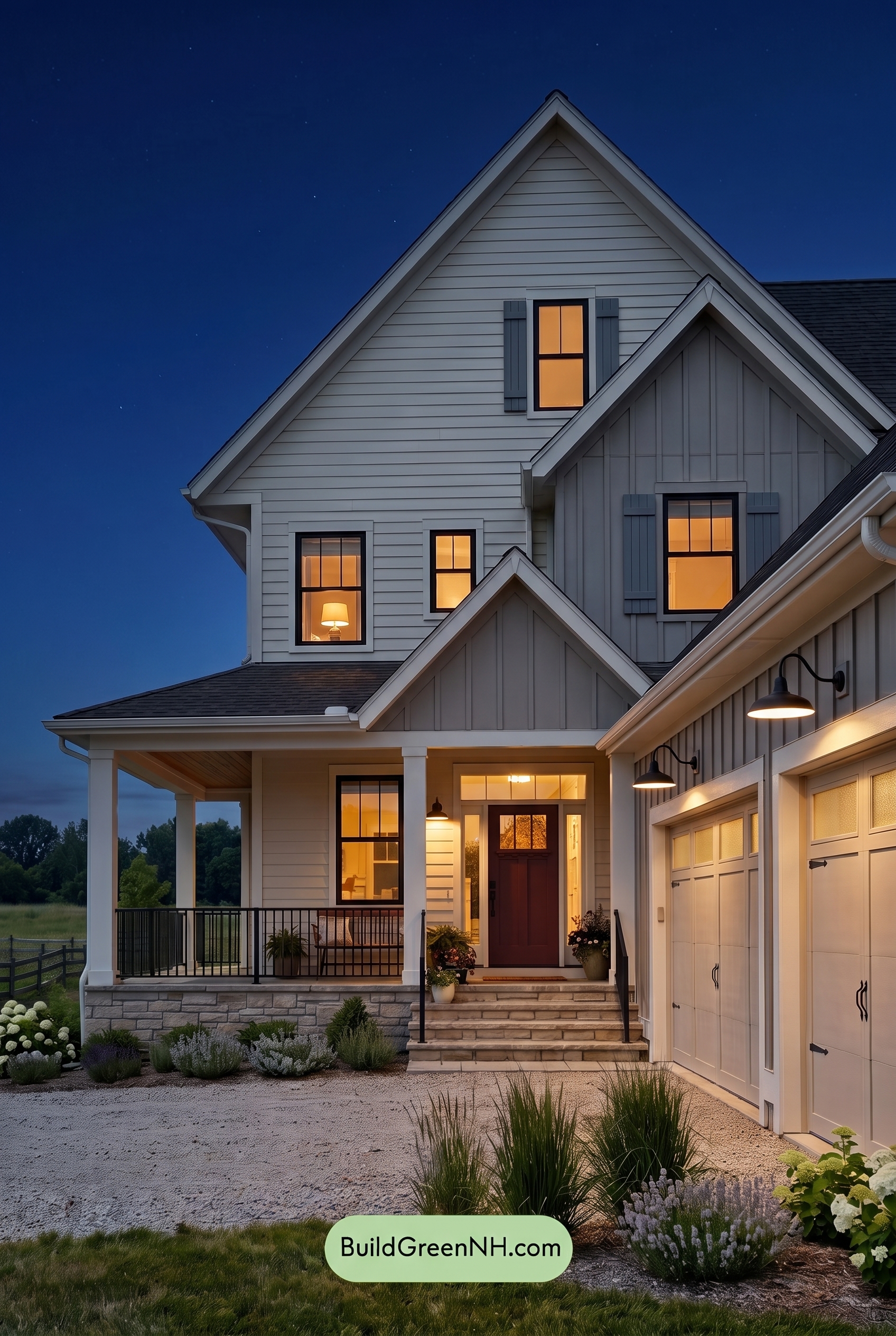 Warm Gray and Cream Farmhouse Exterior Color Scheme: Creamstone Current - Nighttime