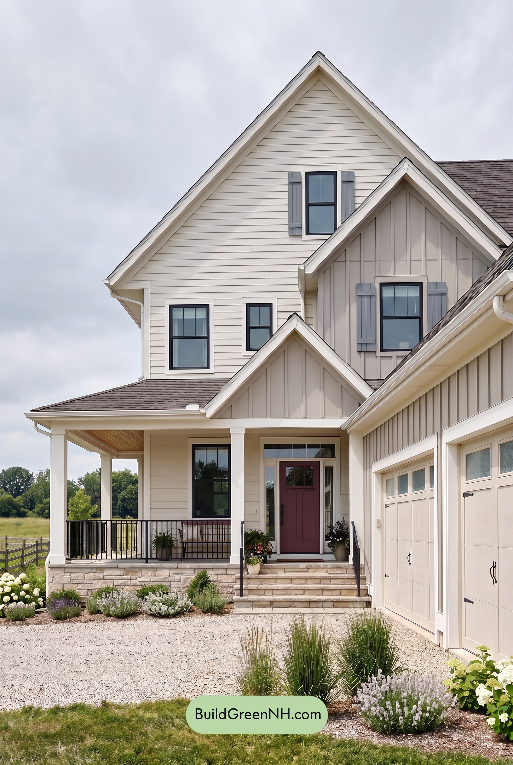 Warm Gray and Cream Farmhouse Exterior Color Scheme: Creamstone Current - Overcast