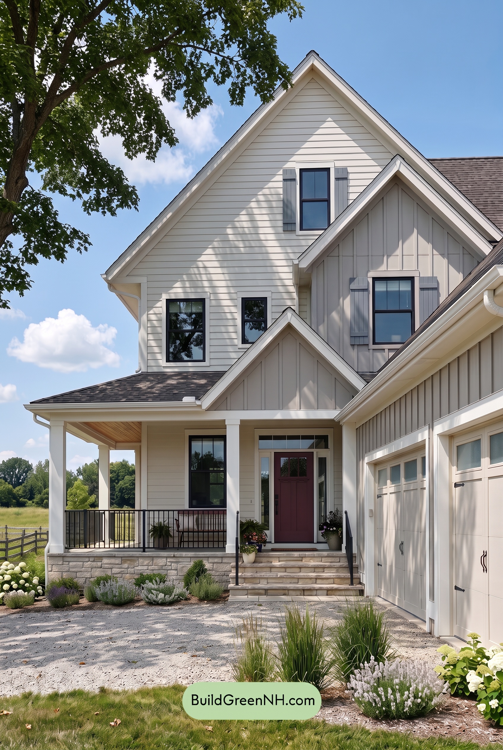 Warm Gray and Cream Farmhouse Exterior Color Scheme: Creamstone Current - Shade