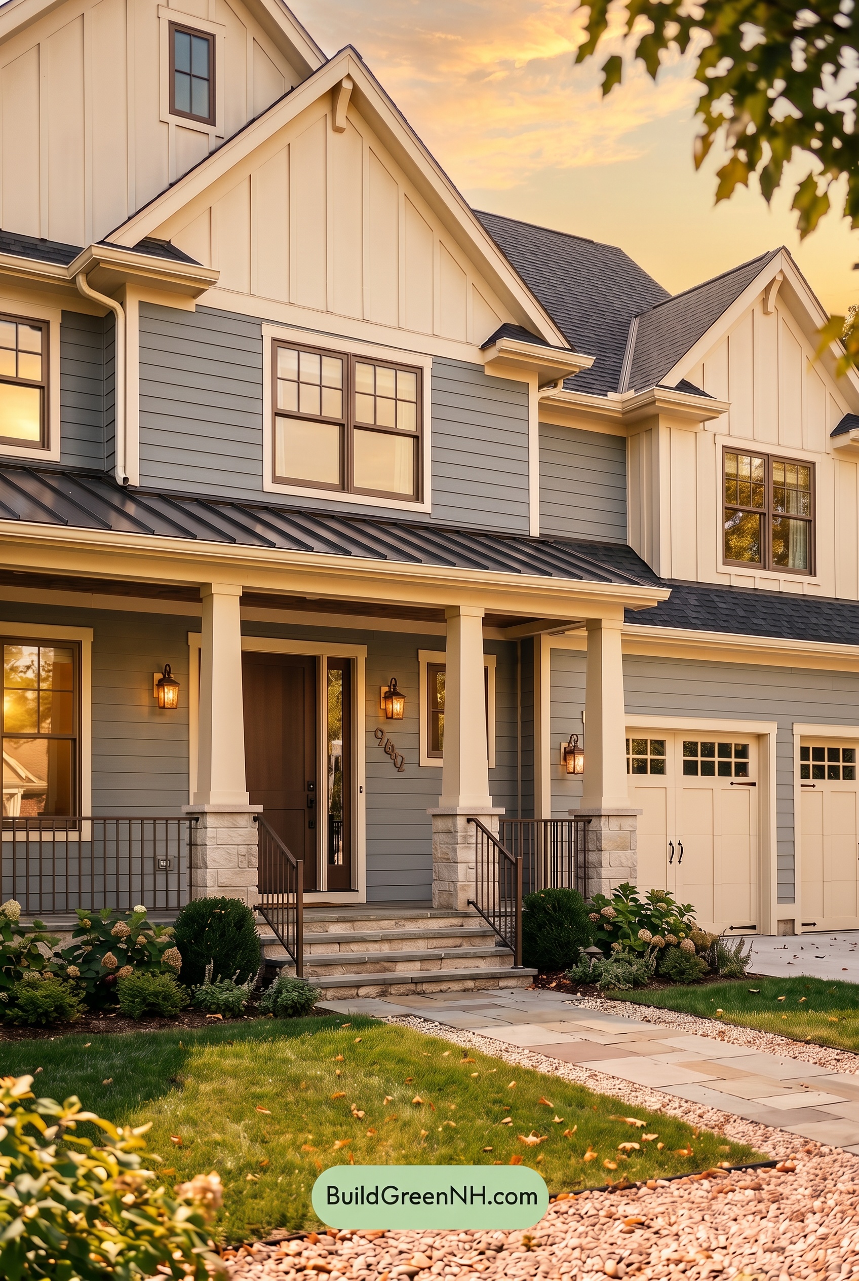 Warm Gray and Cream Farmhouse Exterior Color Scheme: Dove Bronze Threshold - Golden Hour