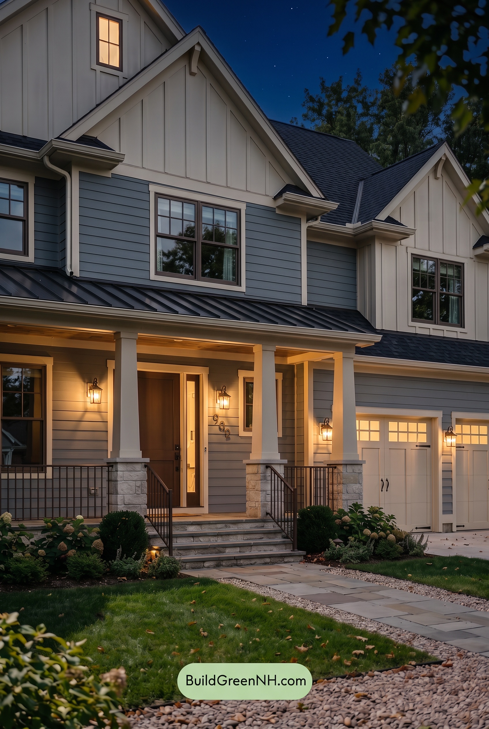 Warm Gray and Cream Farmhouse Exterior Color Scheme: Dove Bronze Threshold - Nighttime