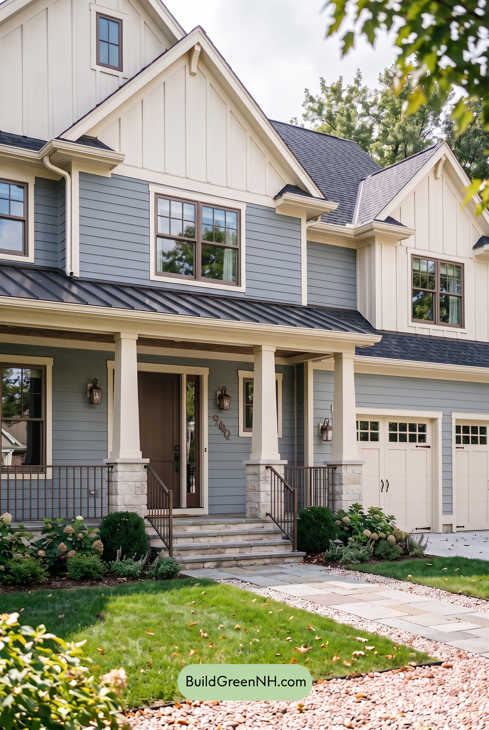 Warm Gray and Cream Farmhouse Exterior Color Scheme: Dove Bronze Threshold - Overcast