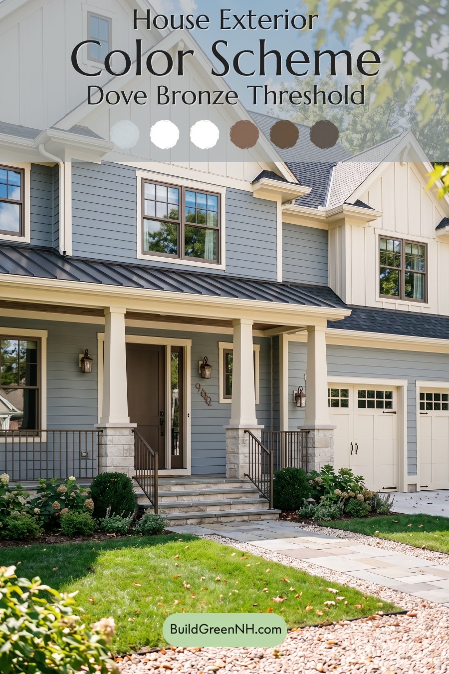 Warm Gray and Cream Farmhouse Exterior Color Scheme: Dove Bronze Threshold