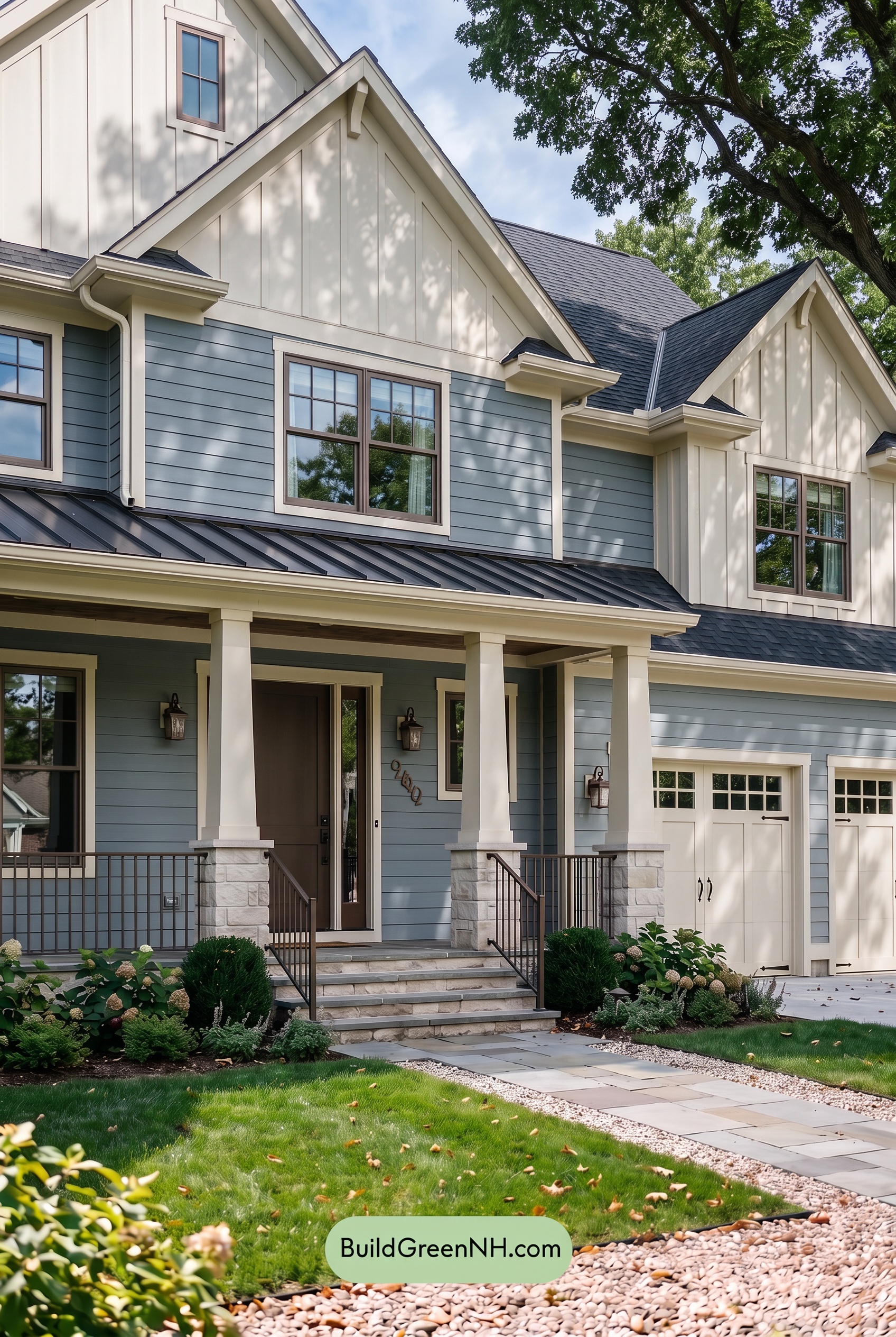 Warm Gray and Cream Farmhouse Exterior Color Scheme: Dove Bronze Threshold - Shade