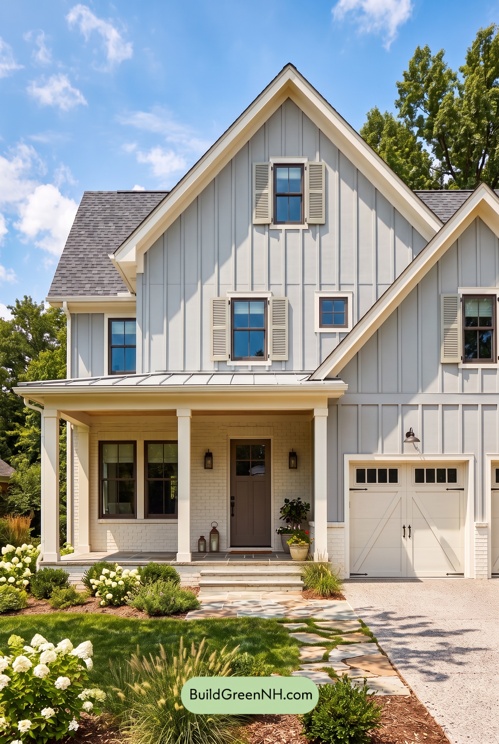 Warm Gray and Cream Farmhouse Exterior Color Scheme: Greyfield Whisper