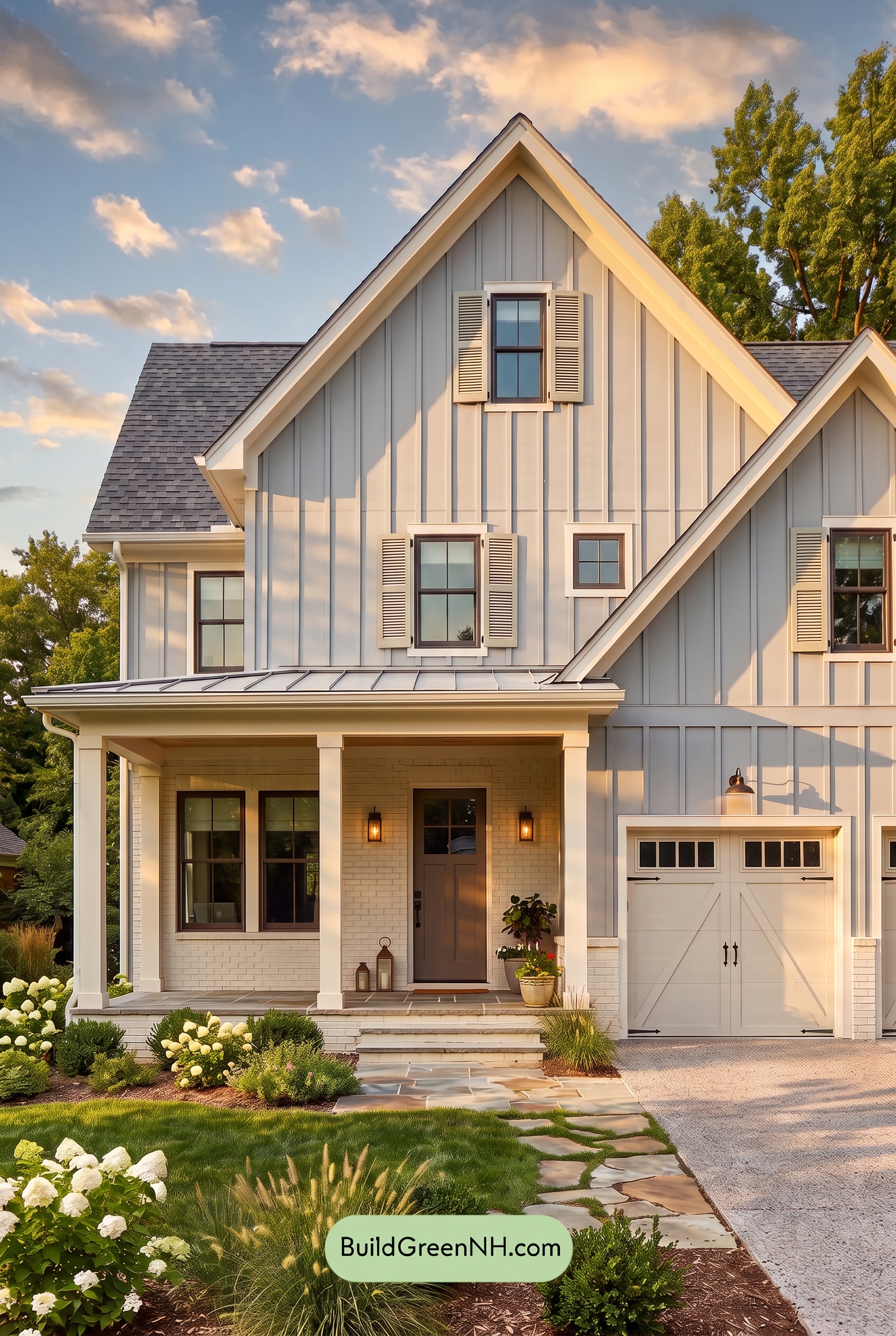 Warm Gray and Cream Farmhouse Exterior Color Scheme: Greyfield Whisper - Golden Hour