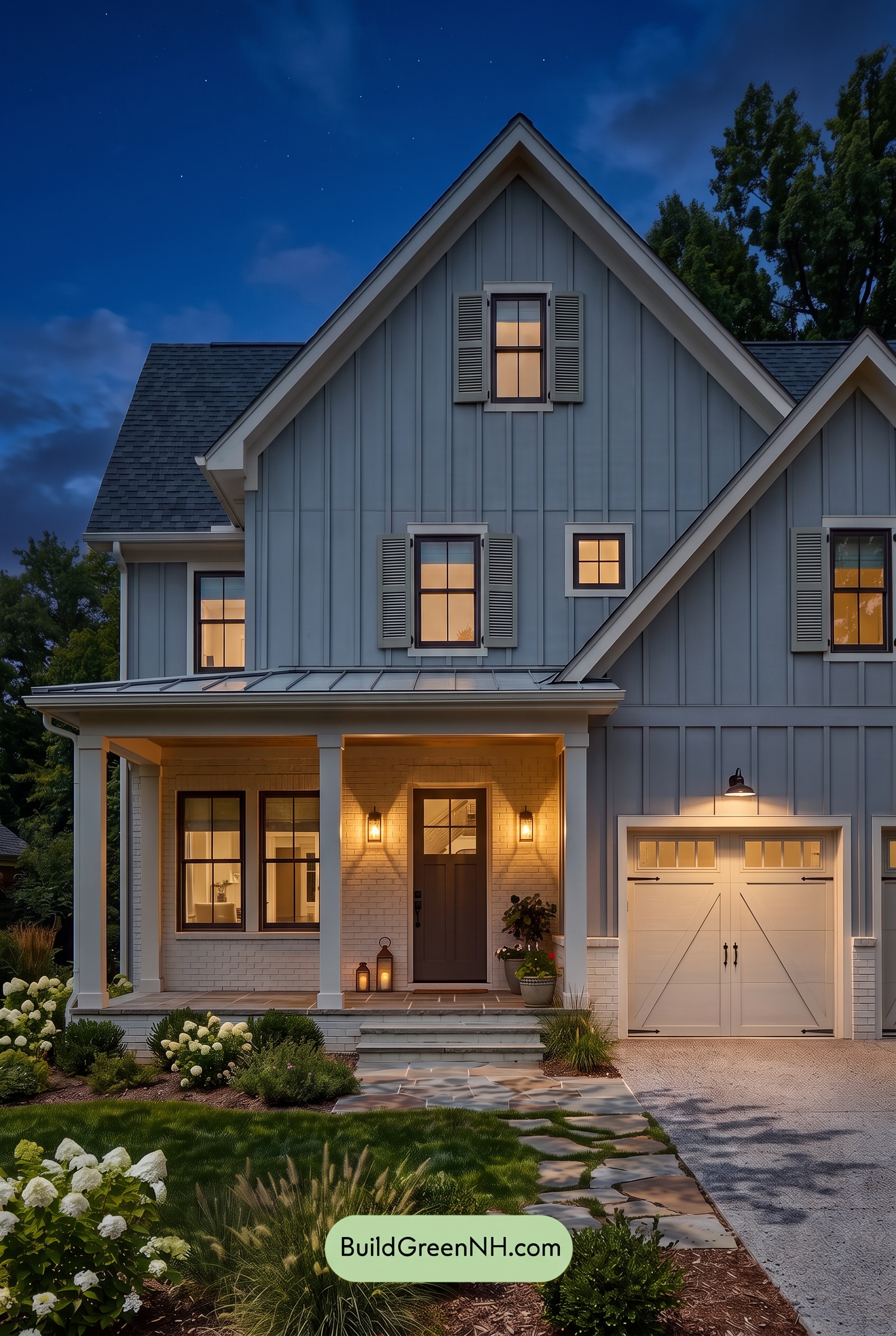 Warm Gray and Cream Farmhouse Exterior Color Scheme: Greyfield Whisper - Nighttime