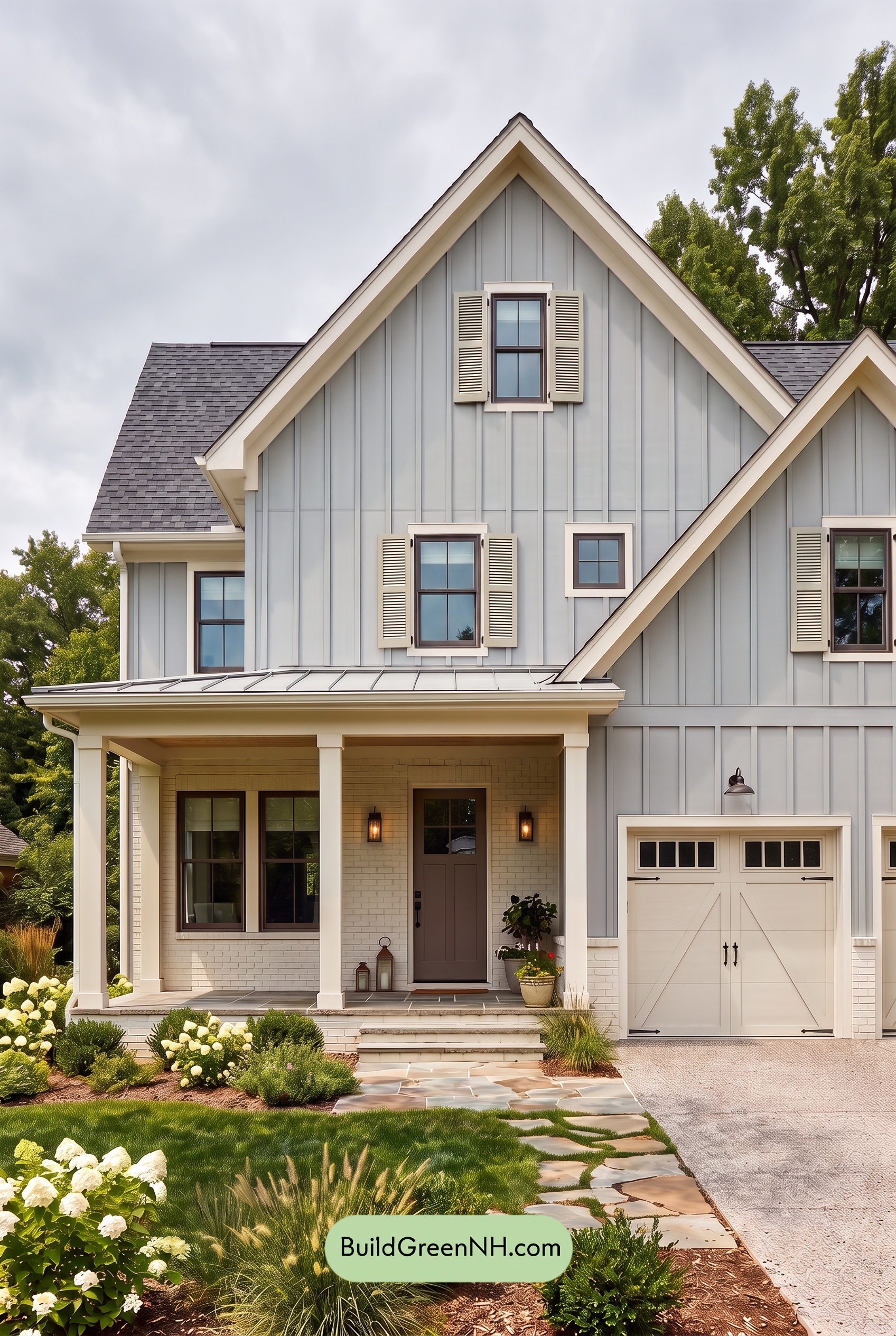 Warm Gray and Cream Farmhouse Exterior Color Scheme: Greyfield Whisper - Overcast