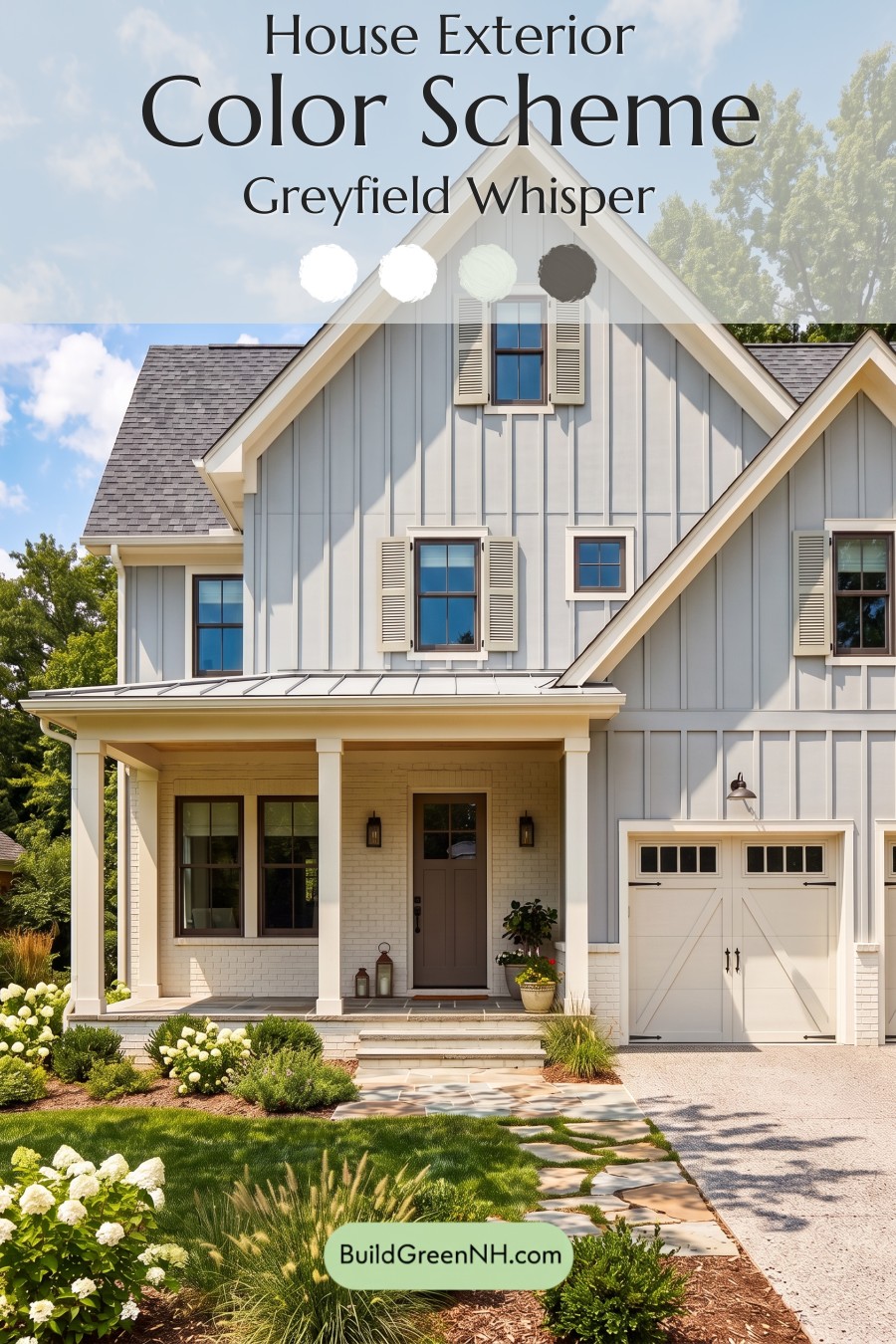 Warm Gray and Cream Farmhouse Exterior Color Scheme: Greyfield Whisper