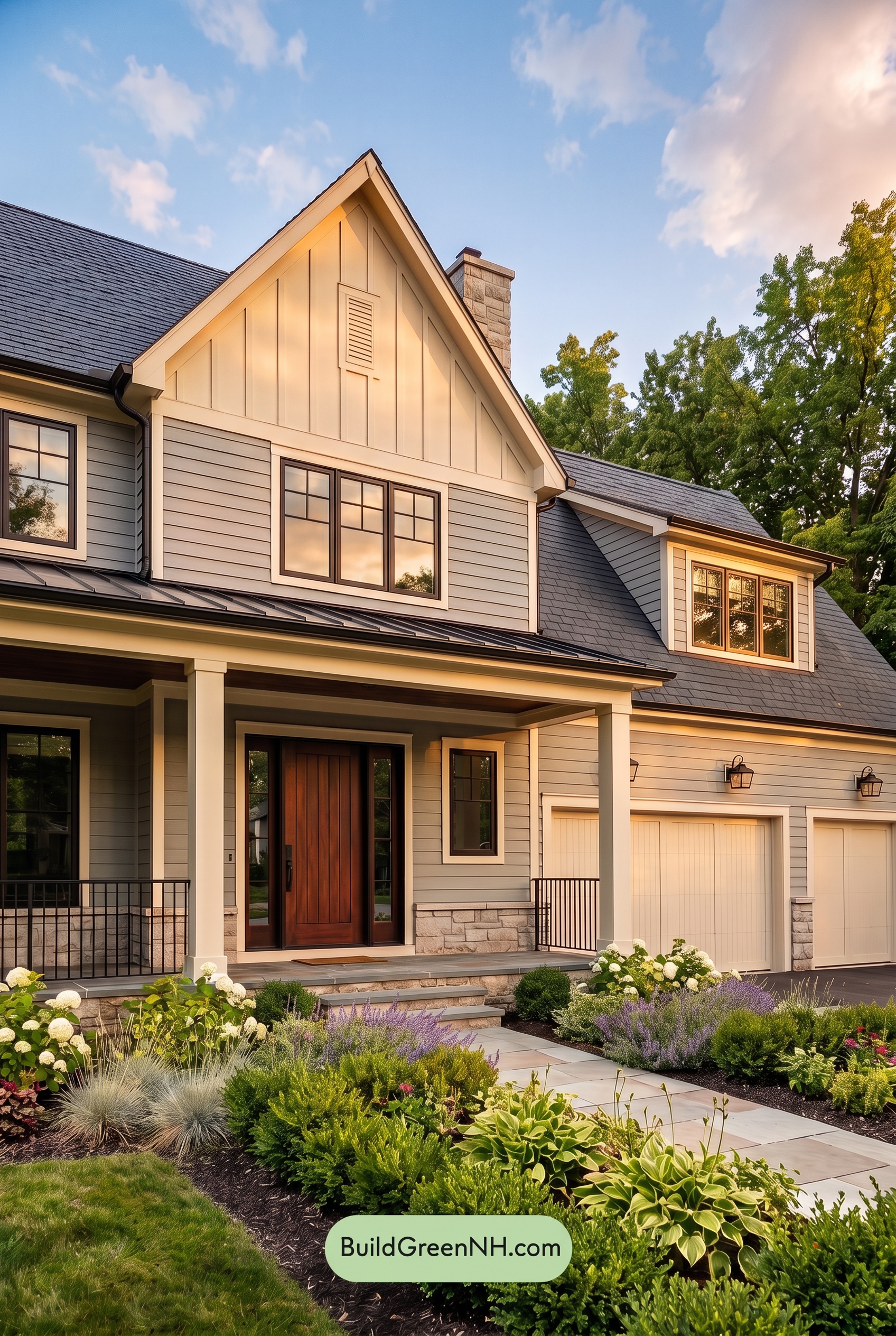 Warm Gray and Cream Farmhouse Exterior Color Scheme: Ironwood Reverie - Golden Hour