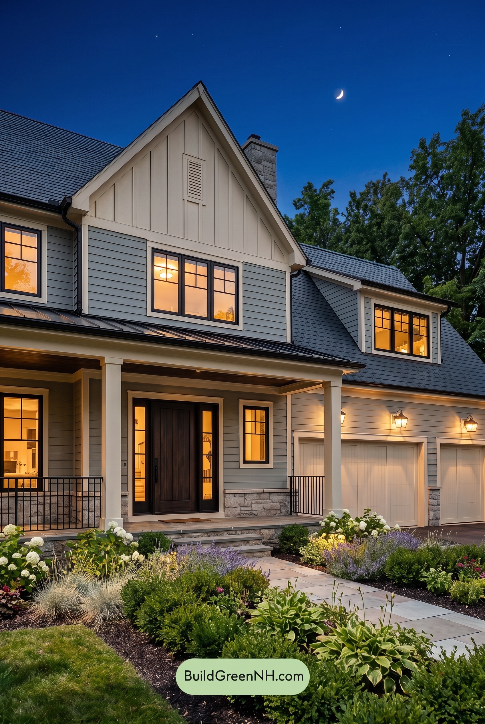 Warm Gray and Cream Farmhouse Exterior Color Scheme: Ironwood Reverie - Nighttime