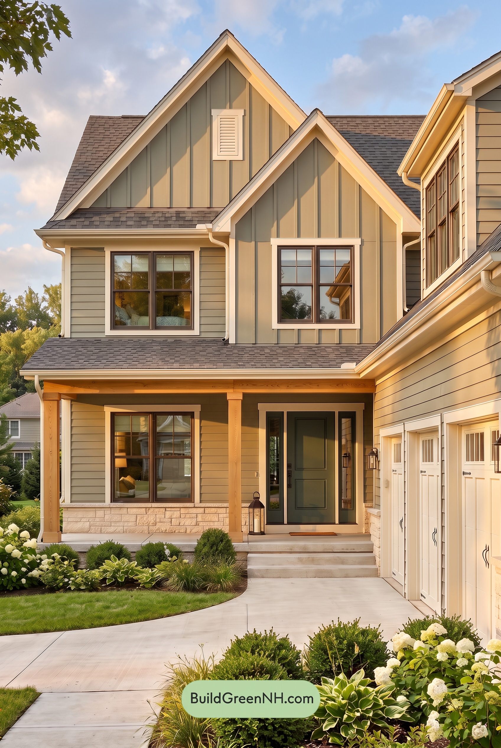 Warm Gray and Cream Farmhouse Exterior Color Scheme: Juniper Veranda - Golden Hour