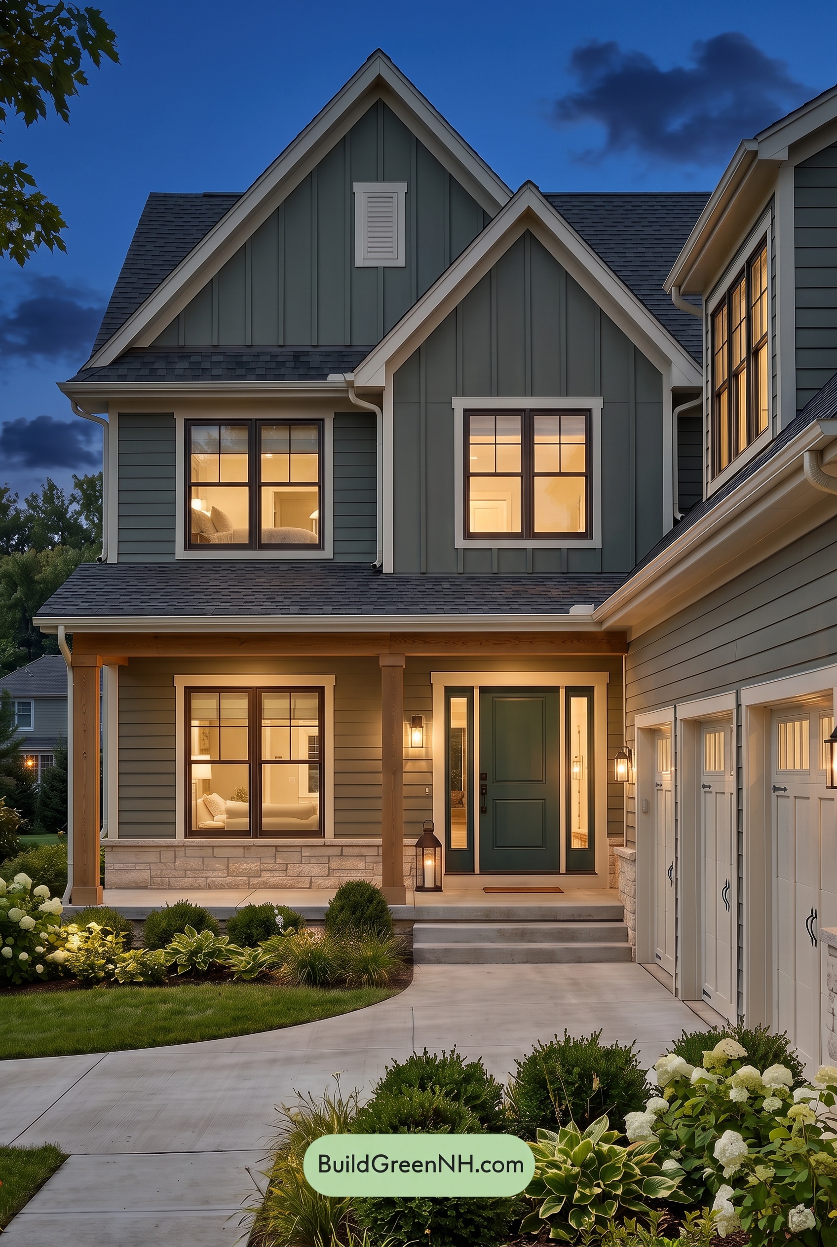 Warm Gray and Cream Farmhouse Exterior Color Scheme: Juniper Veranda - Nighttime