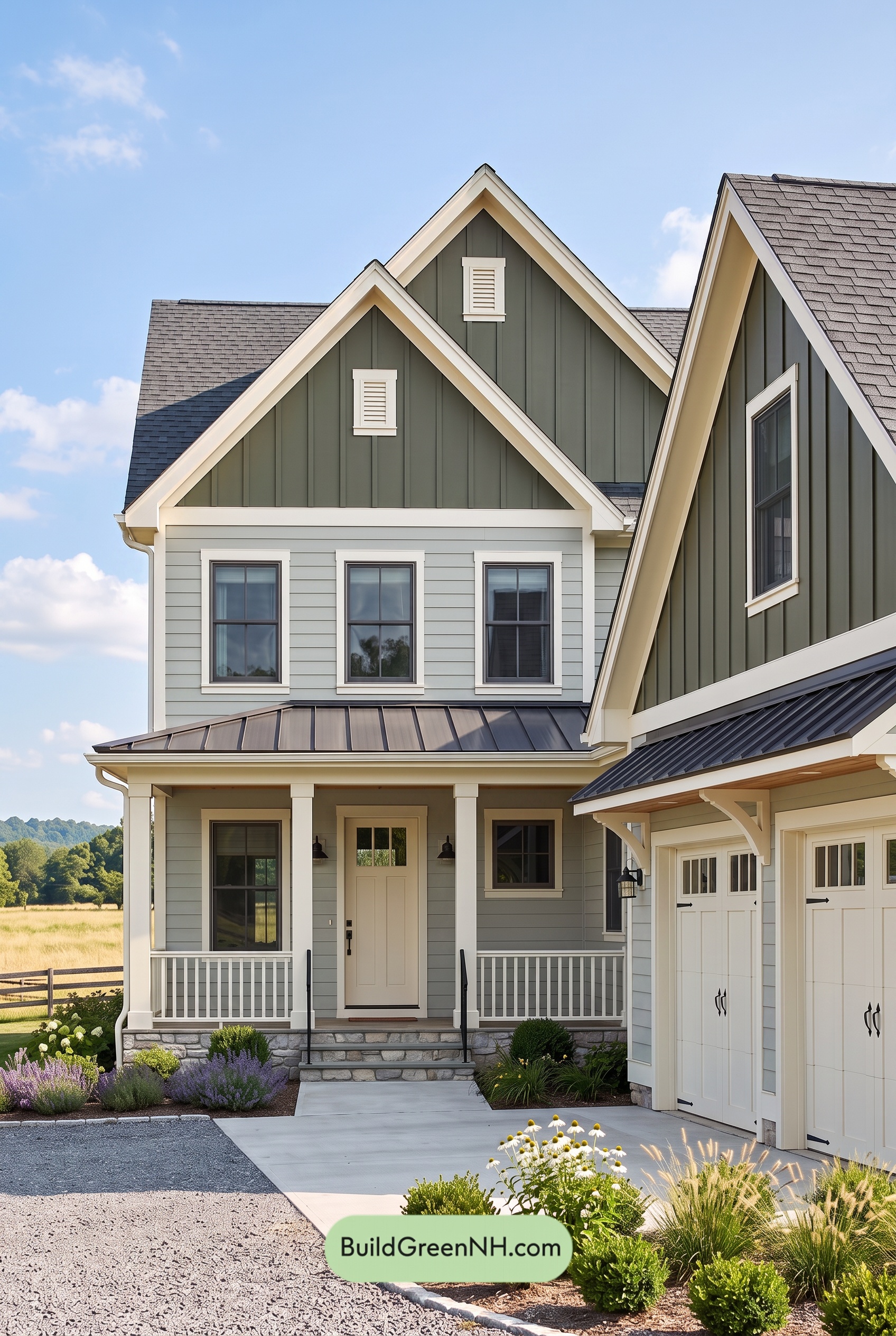 Warm Gray and Cream Farmhouse Exterior Color Scheme: Meadow Gable