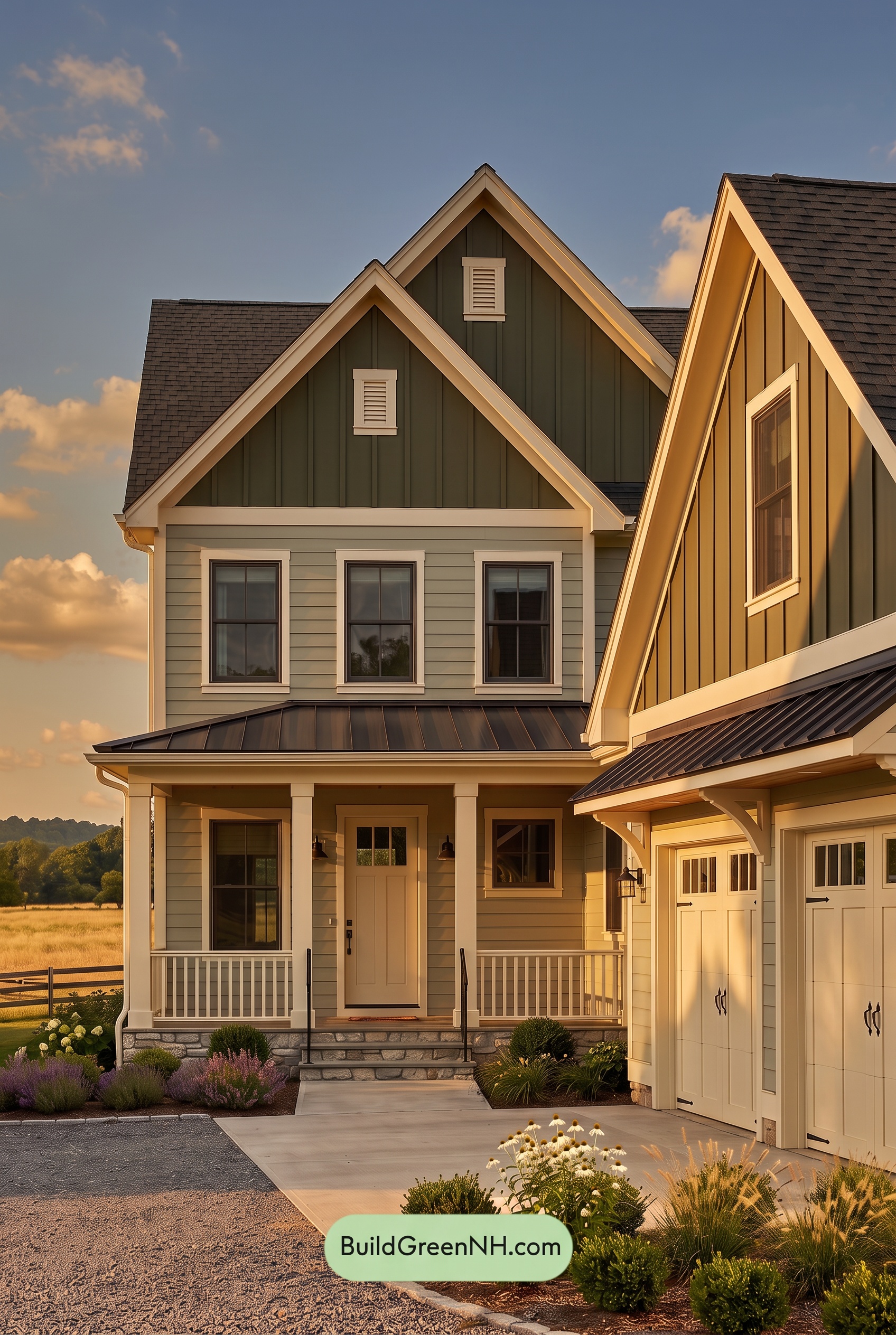 Warm Gray and Cream Farmhouse Exterior Color Scheme: Meadow Gable - Golden Hour