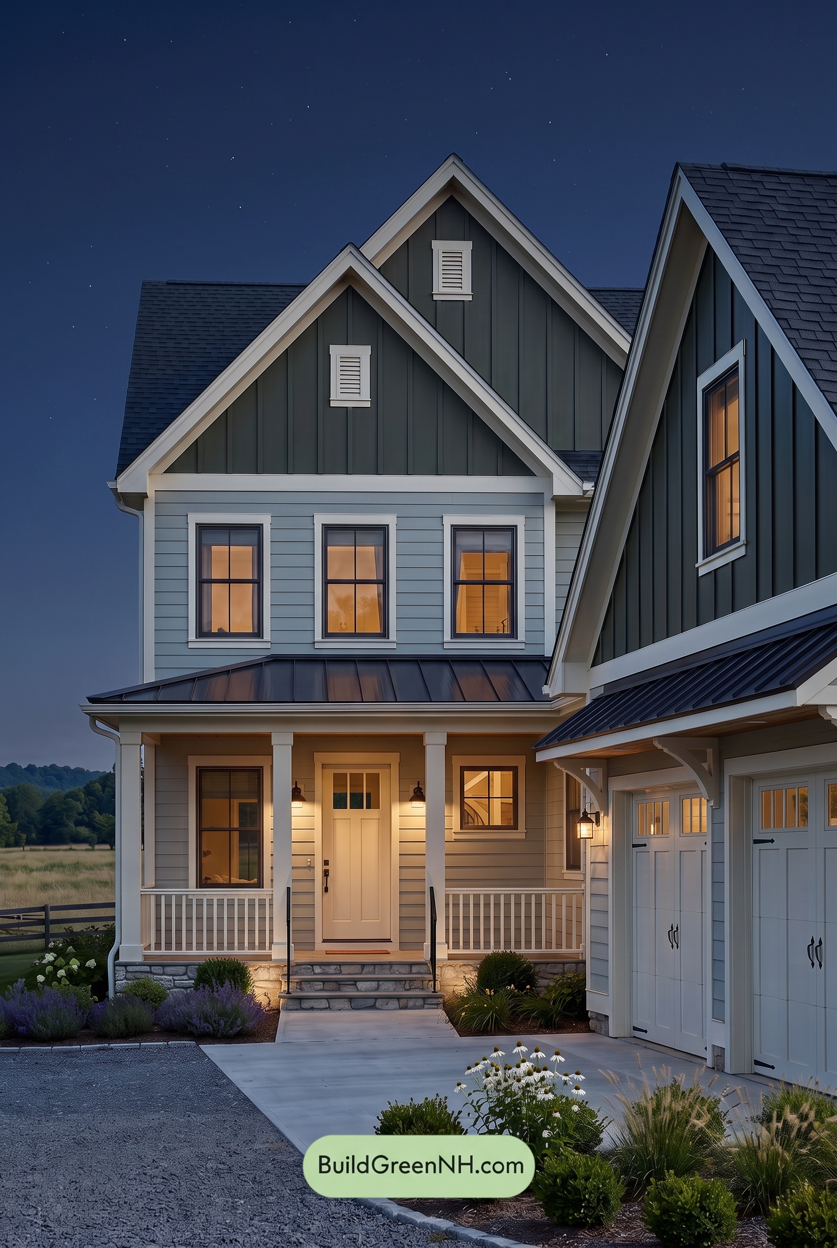 Warm Gray and Cream Farmhouse Exterior Color Scheme: Meadow Gable - Nighttime