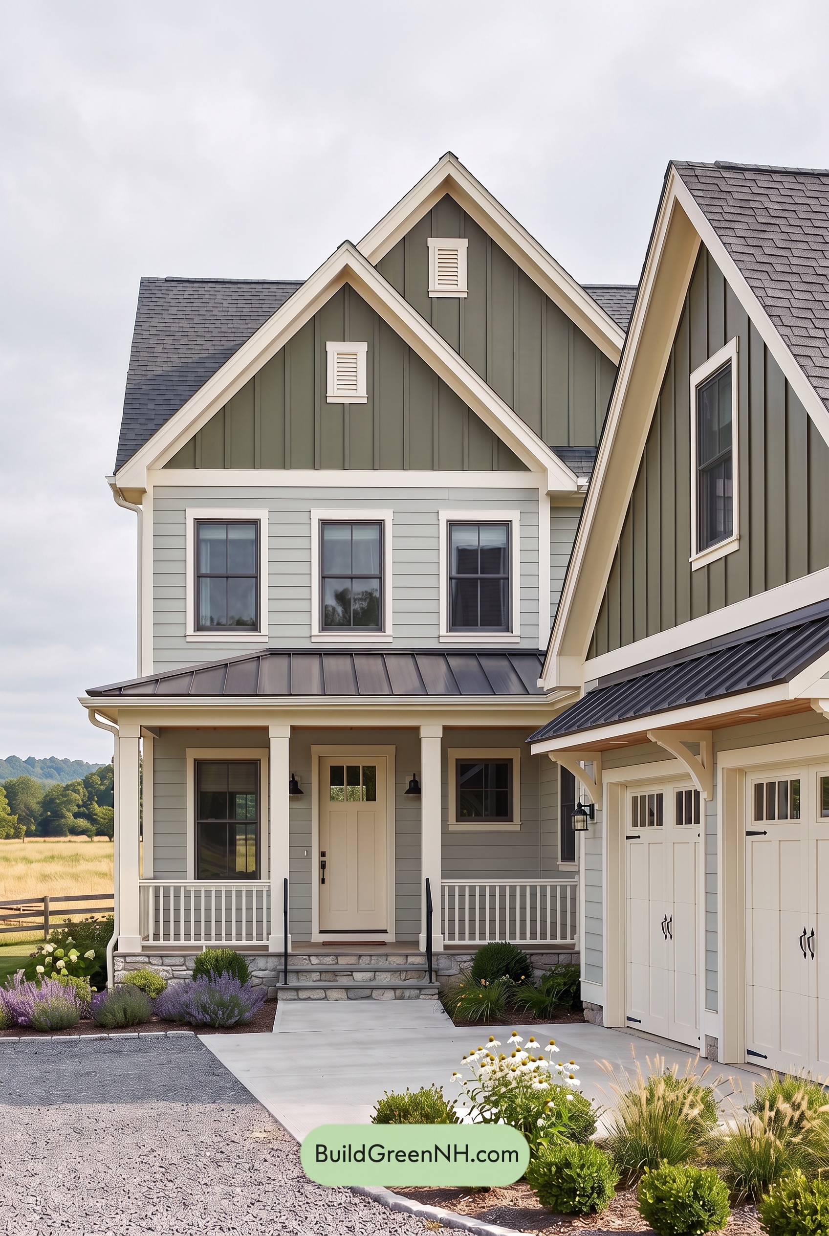 Warm Gray and Cream Farmhouse Exterior Color Scheme: Meadow Gable - Overcast