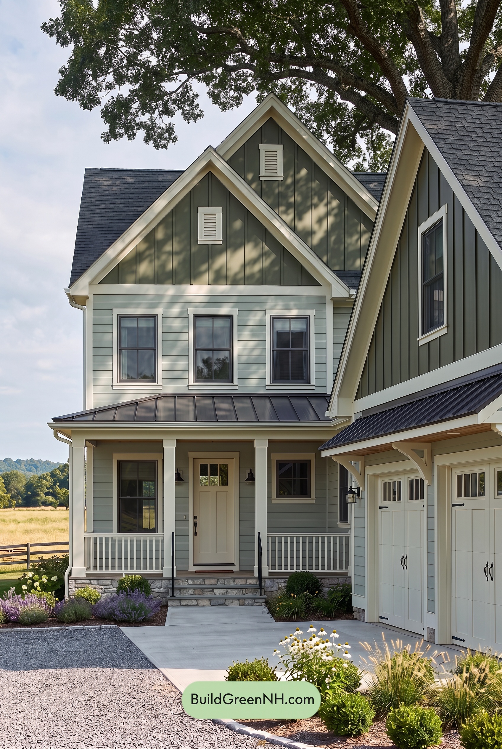 Warm Gray and Cream Farmhouse Exterior Color Scheme: Meadow Gable - Shade