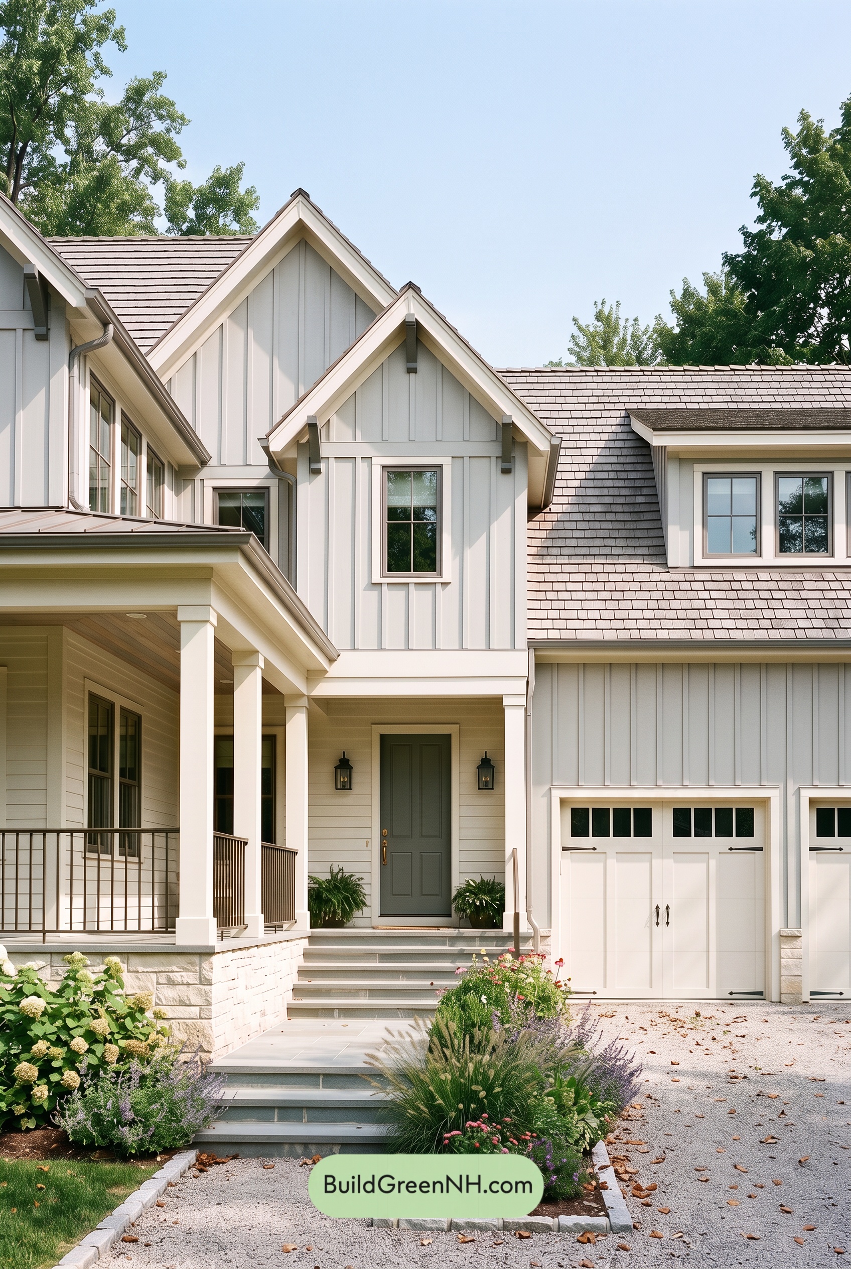Warm Gray and Cream Farmhouse Exterior Color Scheme: Mist Cream Haven