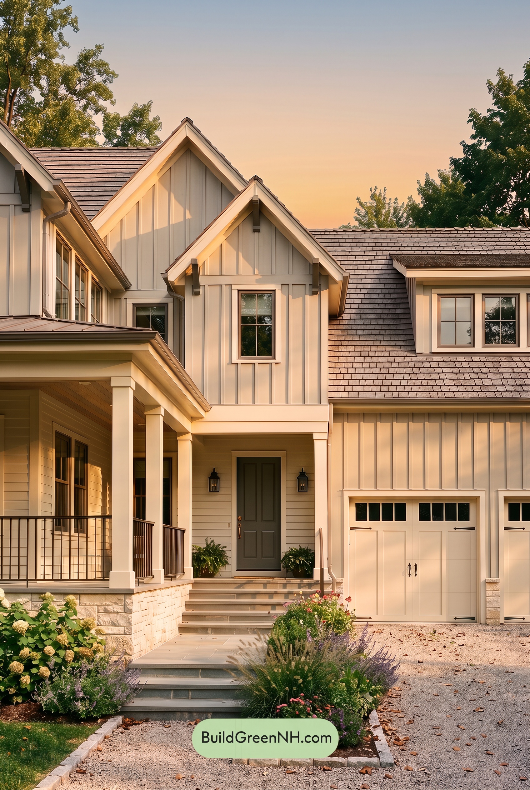Warm Gray and Cream Farmhouse Exterior Color Scheme: Mist Cream Haven - Golden Hour