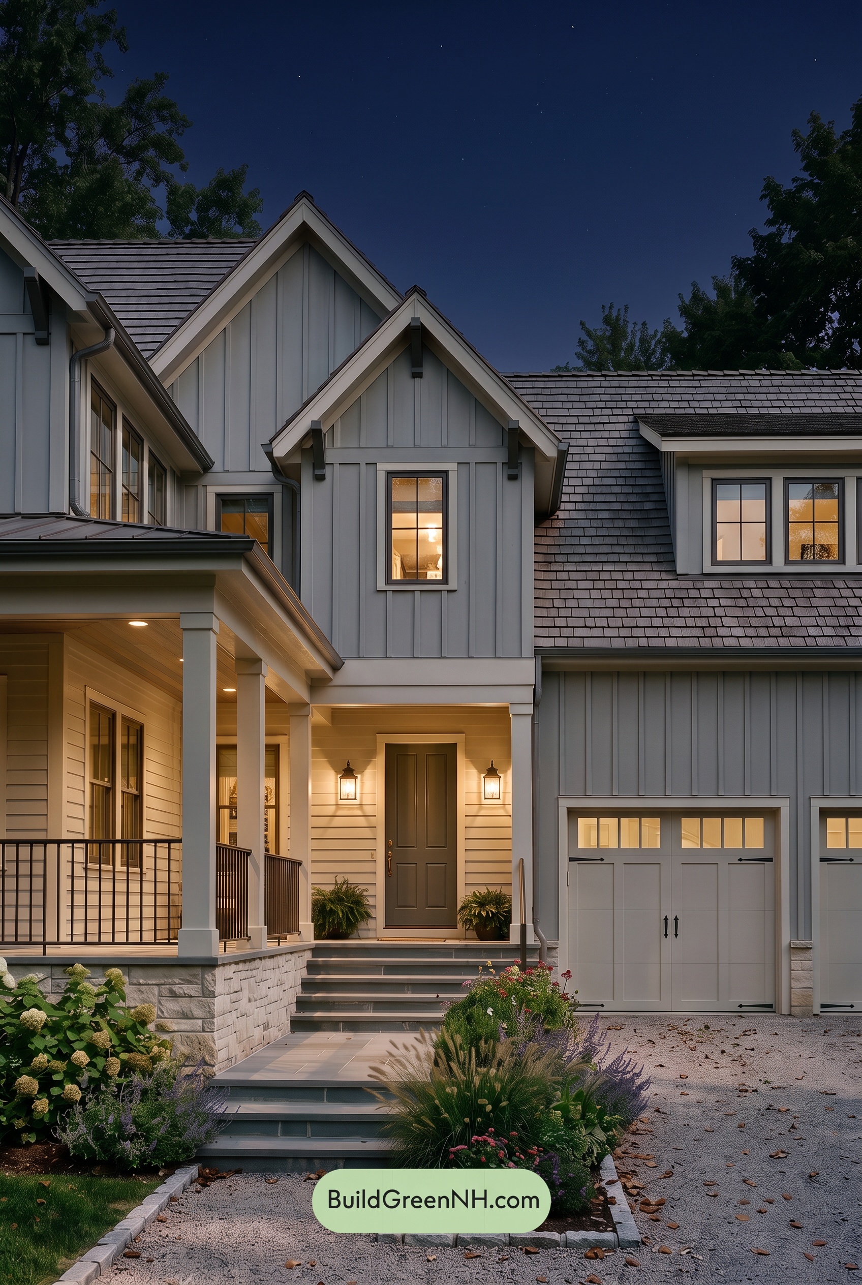 Warm Gray and Cream Farmhouse Exterior Color Scheme: Mist Cream Haven - Nighttime