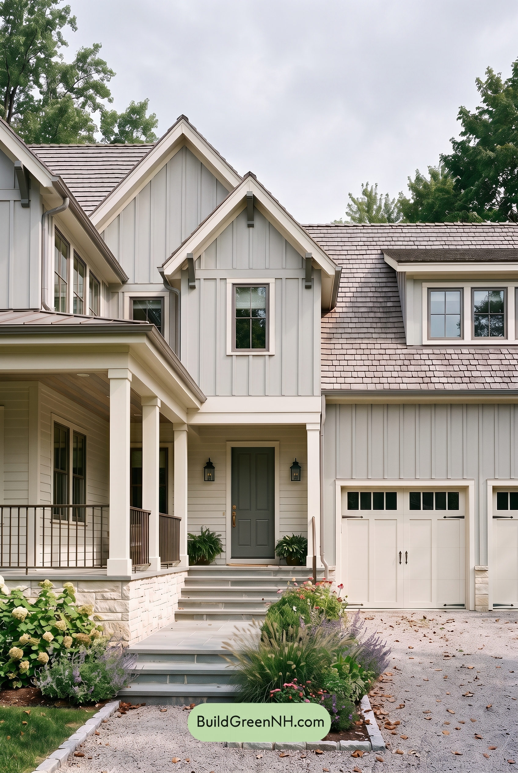 Warm Gray and Cream Farmhouse Exterior Color Scheme: Mist Cream Haven - Overcast