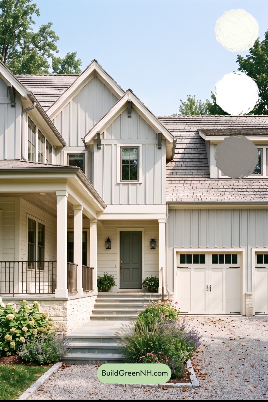 Warm Gray and Cream Farmhouse Exterior Color Scheme: Mist Cream Haven
