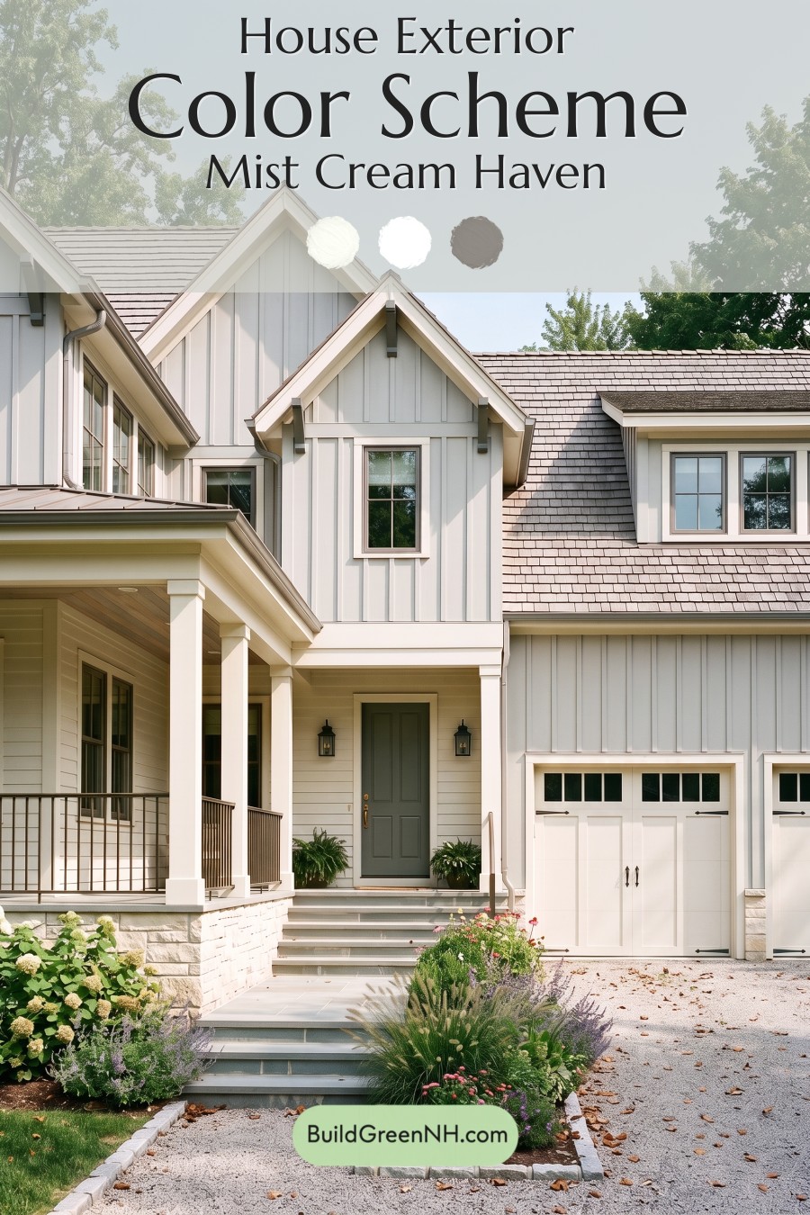 Warm Gray and Cream Farmhouse Exterior Color Scheme: Mist Cream Haven