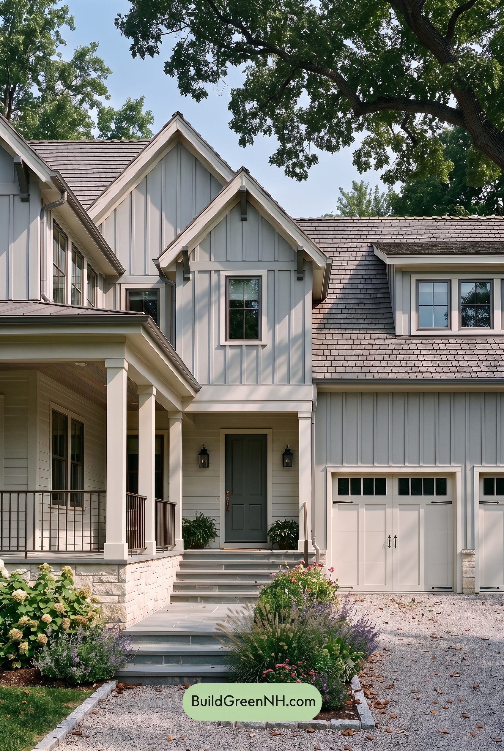 Warm Gray and Cream Farmhouse Exterior Color Scheme: Mist Cream Haven - Shade